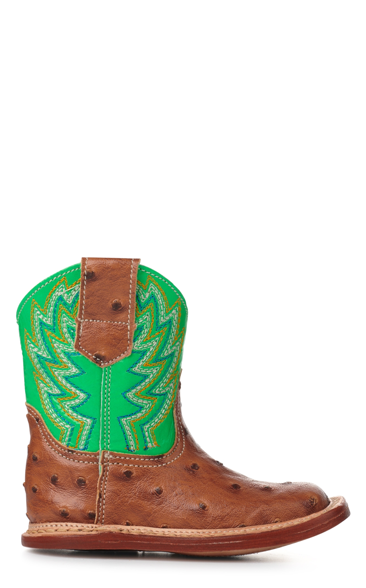 Roper Infant Buddy Neon Green and Cognac Ostrich Print Square Toe Cowboy Boots - Image 1