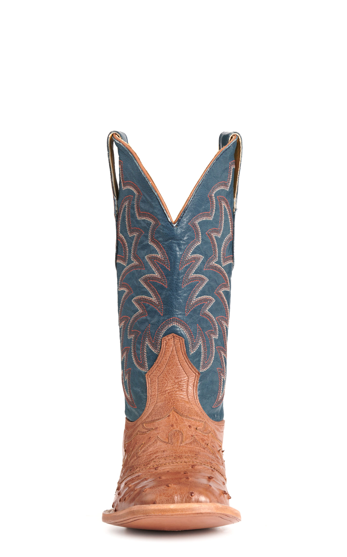 Cavender's Private Label Women's Horseman Cognac Ostrich & Blue Wide Square Toe Boots - Image 1