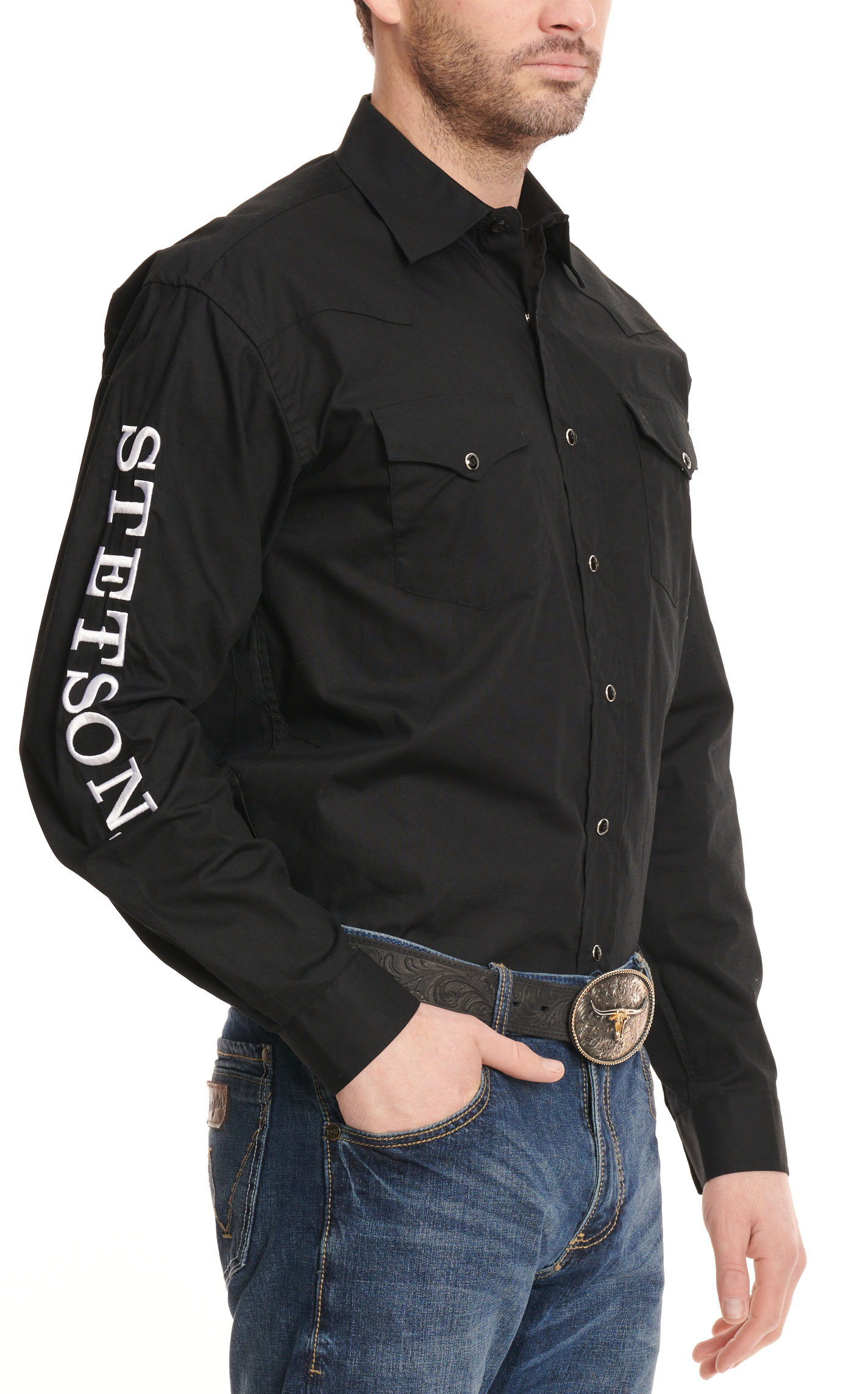 Stetson Men's Black with White Embroidery Logo Long Sleeve Western Shirt - Image 1
