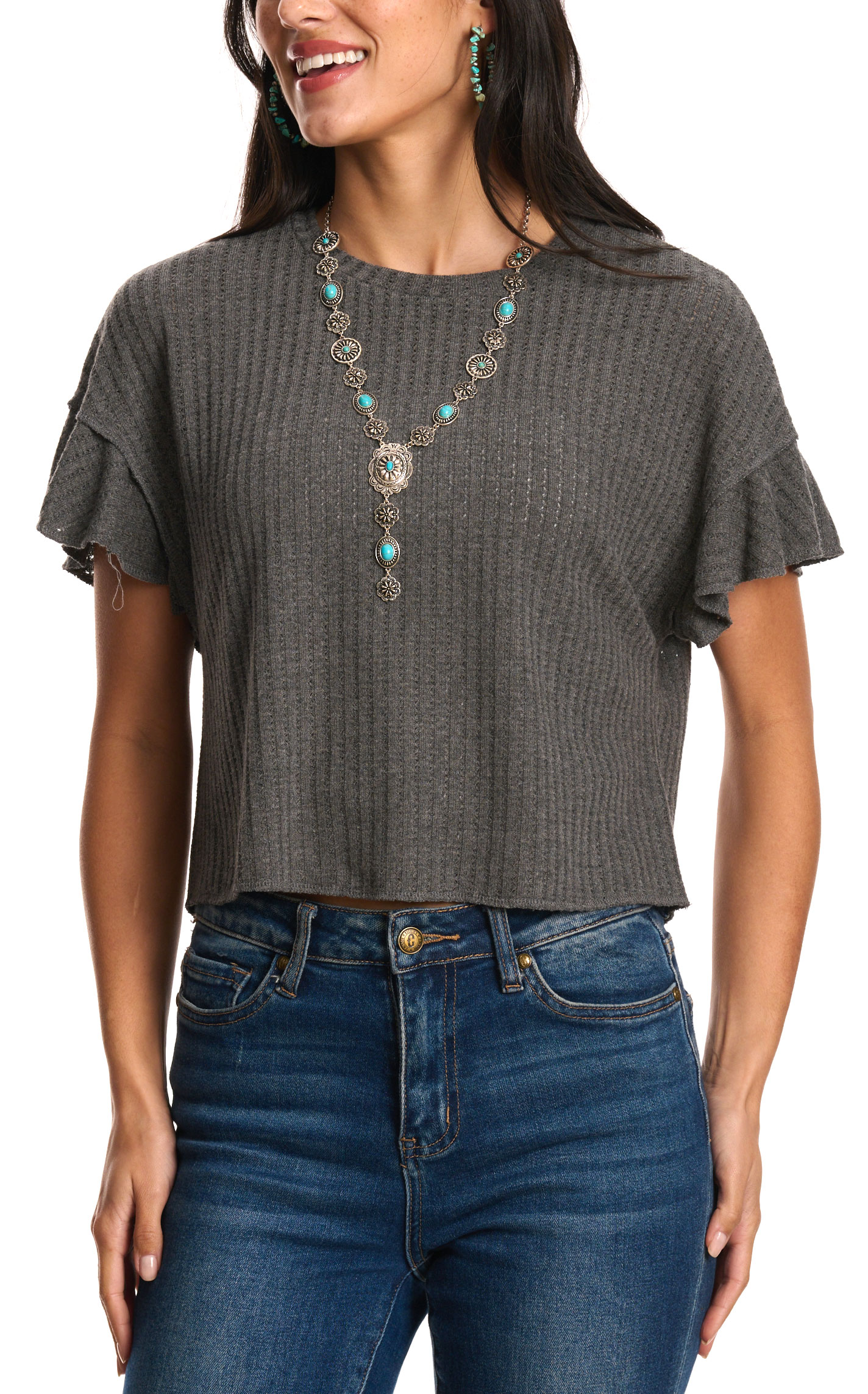 Moa Moa Women's Flutter Charcoal Solid Ribbed Top - Image 1