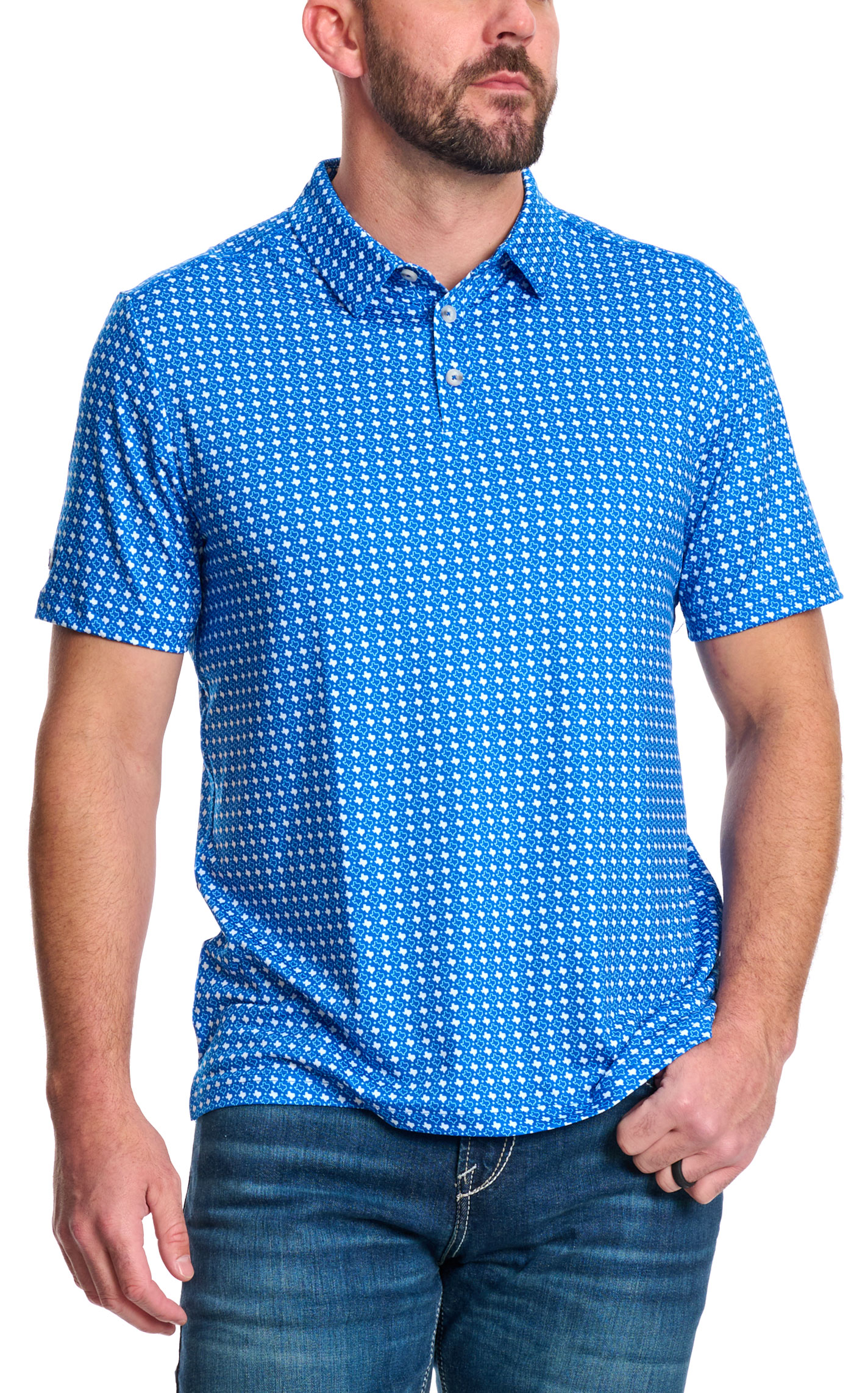 BURLEBO Men's Blue Texas Print Performance Polo - Image 1