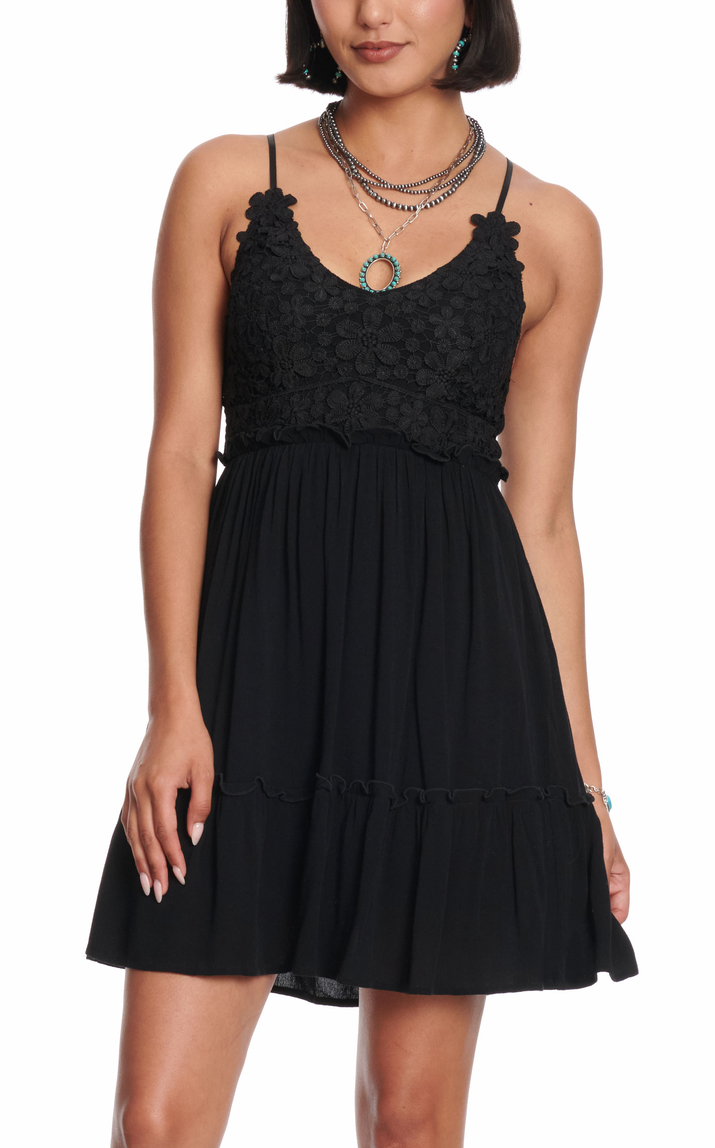 Blue B Women's Black Floral Lace Crochet Tiered Dress - Image 1