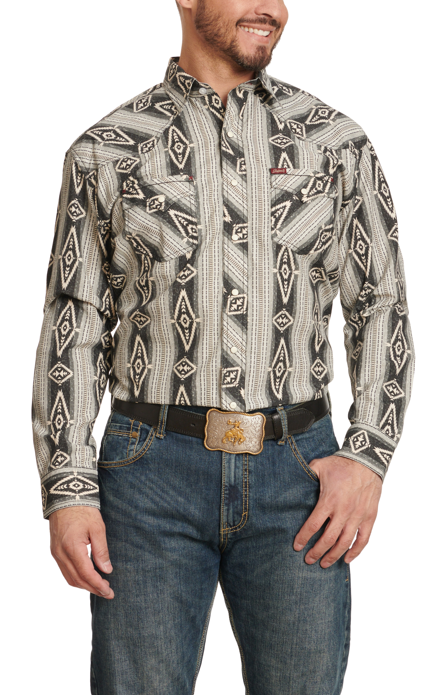 Rafter C Men's Red Dirt Collection Black & Gray Aztec Print Western Shirt - Image 1