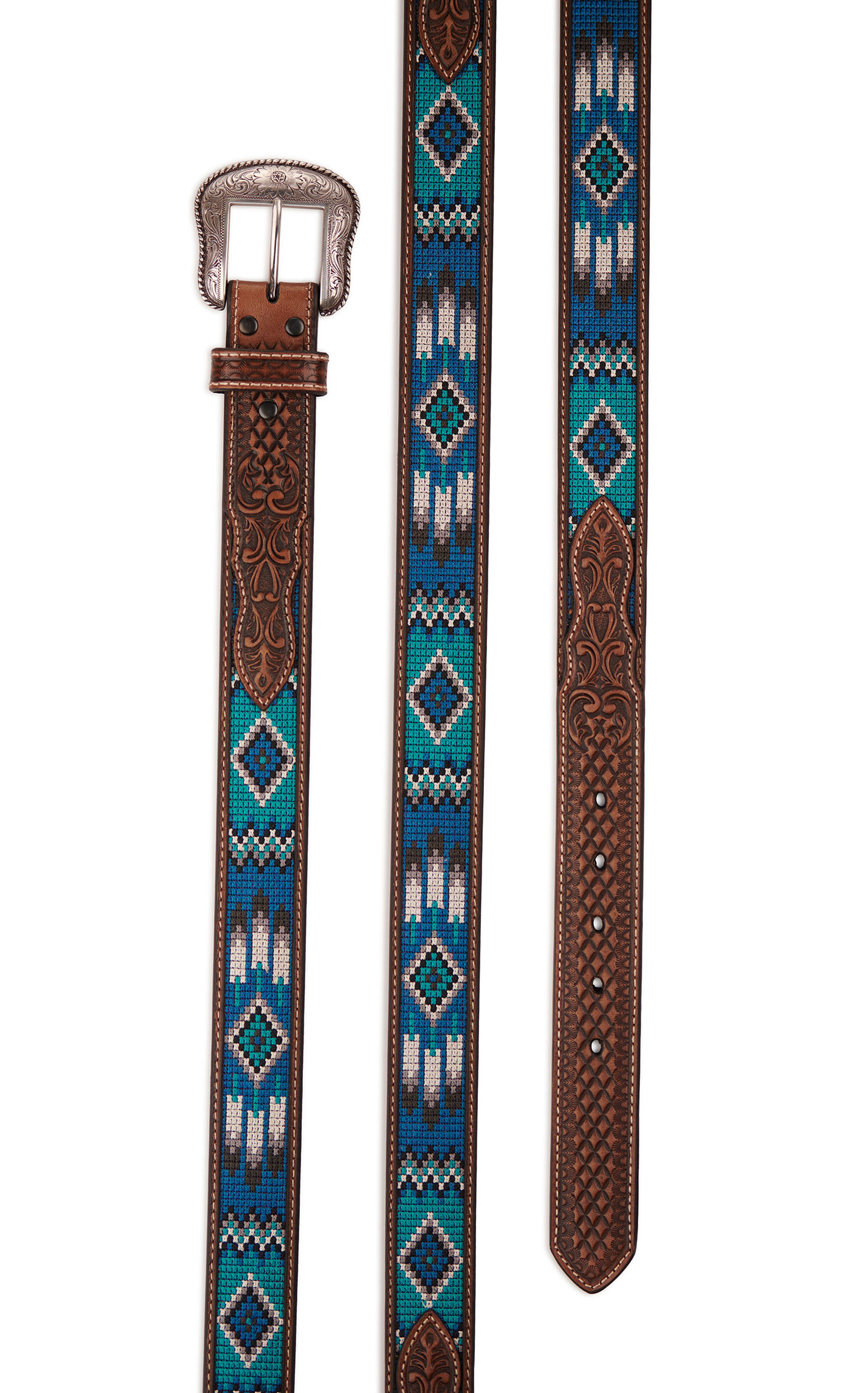 Ariat Men's Brown with Blue and Turquoise Aztec Embroidery Leather Western Belt - Image 1