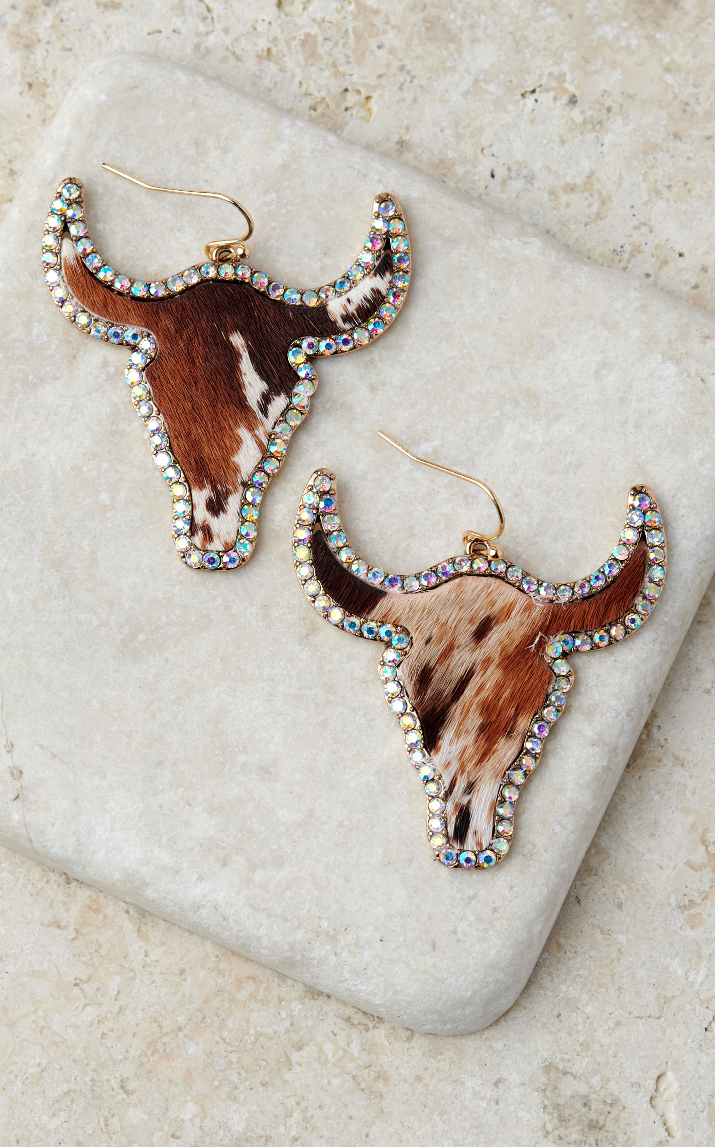 Silver Strike Women's Speckled Calf Hair Longhorn Crystal Edge Earrings - Image 1