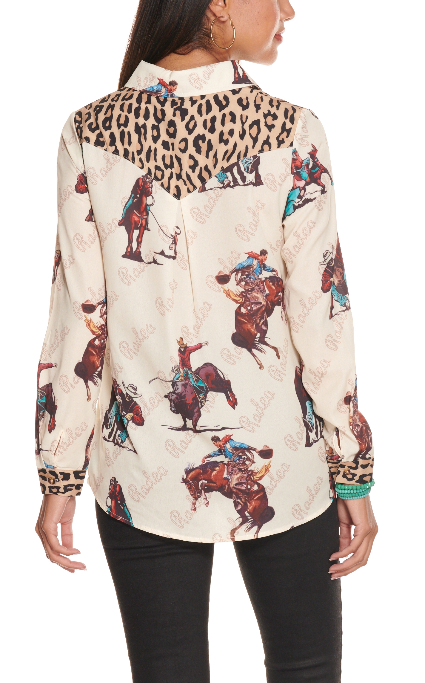 Fashion Express Women's Beige Rodeo Print with Leopard Yokes Long Sleeve Top - Image 1