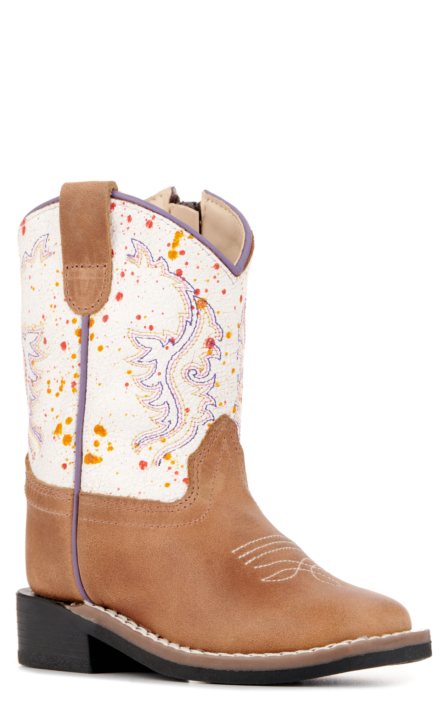 Old West Toddler Light Brown and Rainbow Crackle Wide Square Toe Cowboy Boots - Image 1