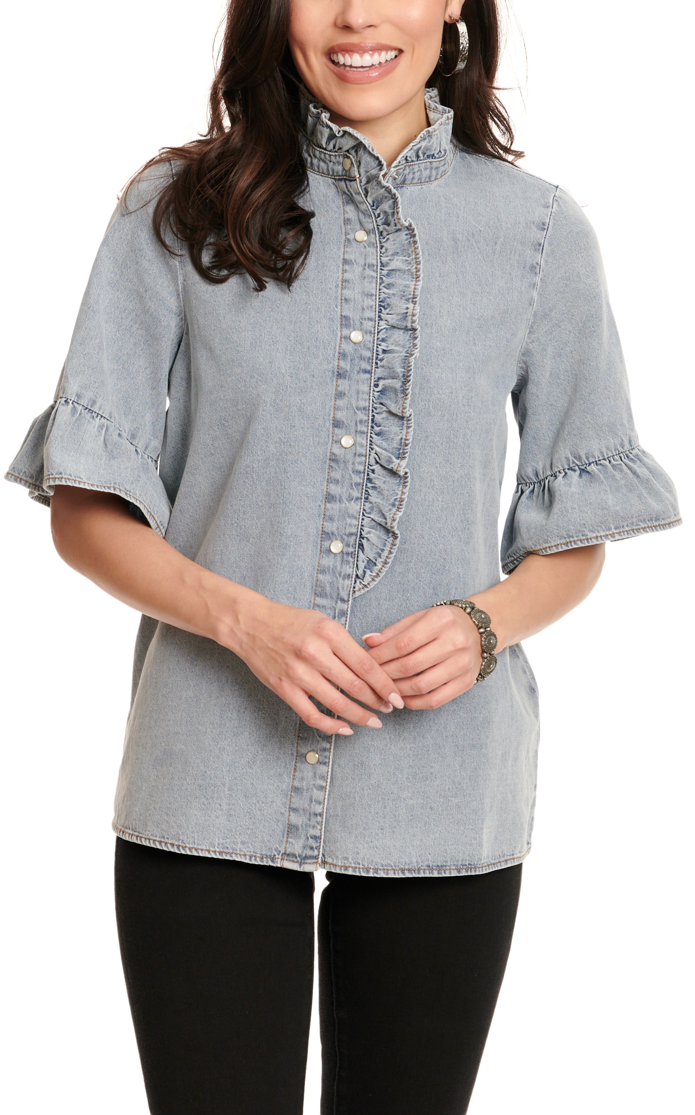MAZIK Women's Light Wash Denim Short Sleeve Ruffle Placket Top - Image 1
