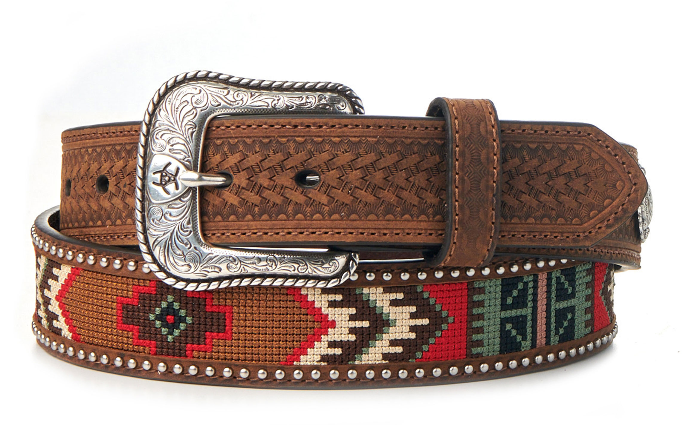 Ariat Men's Brown Leather Basket Weave with Red Aztec Beading Inlay Western Belt - Image 1