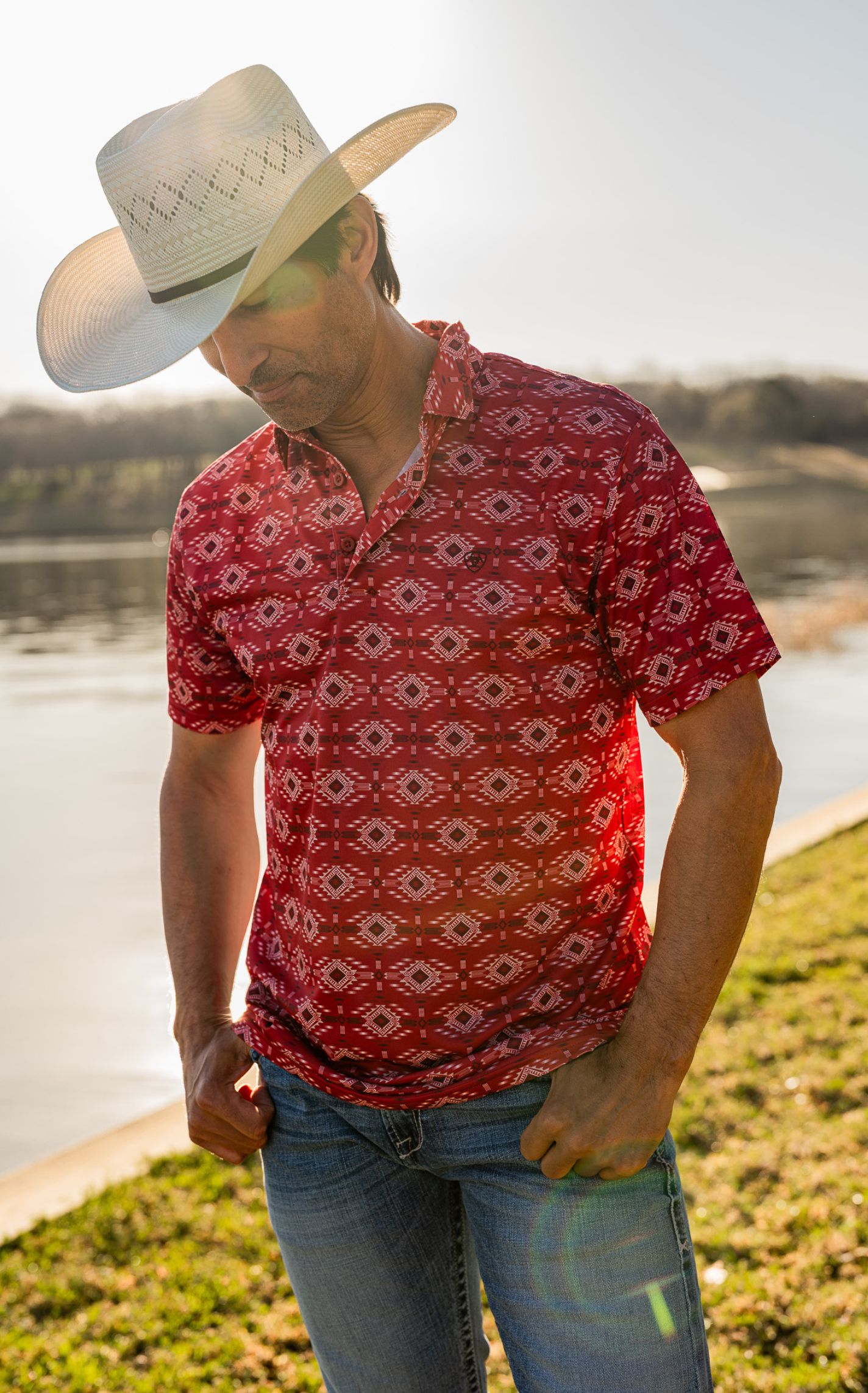 Ariat Men's Red & White Aztec Print Polo - Image 1