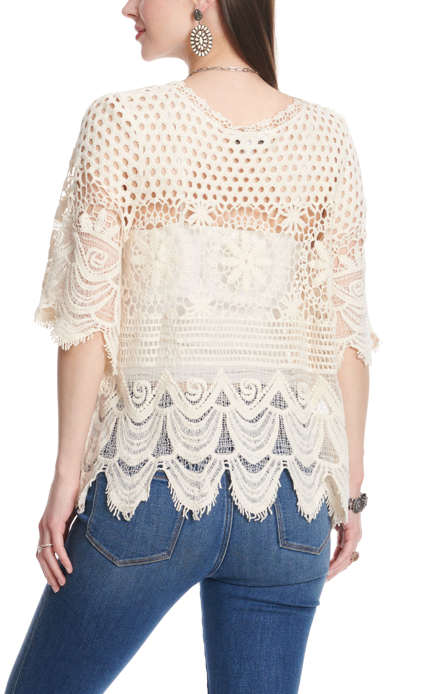 Montana Co. Women's Cream Crochet Shark-Bite Hem Top - Image 1