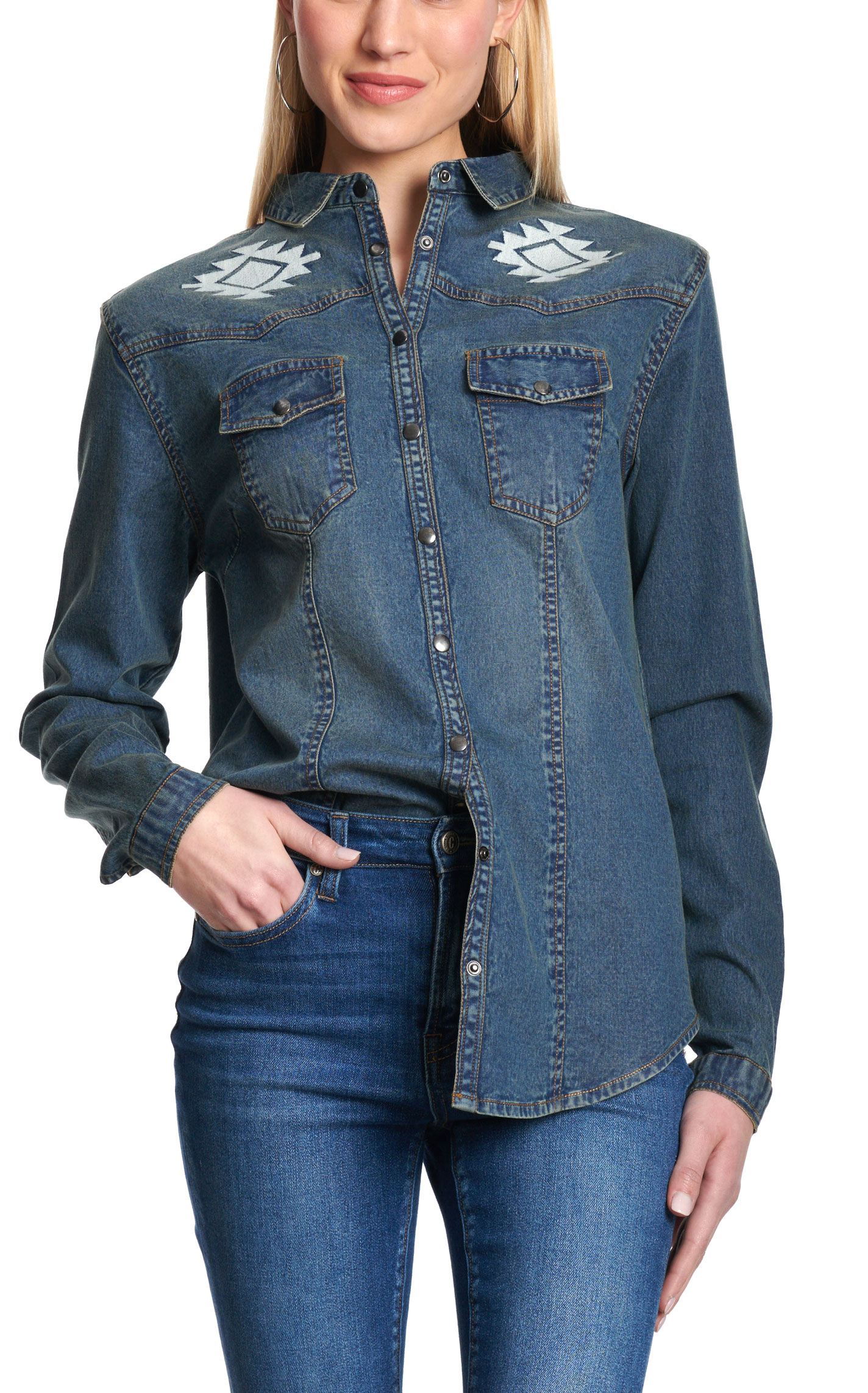 Montana Clothing Co. Women's Denim Aztec Embroidered Western Shirt  - Image 1