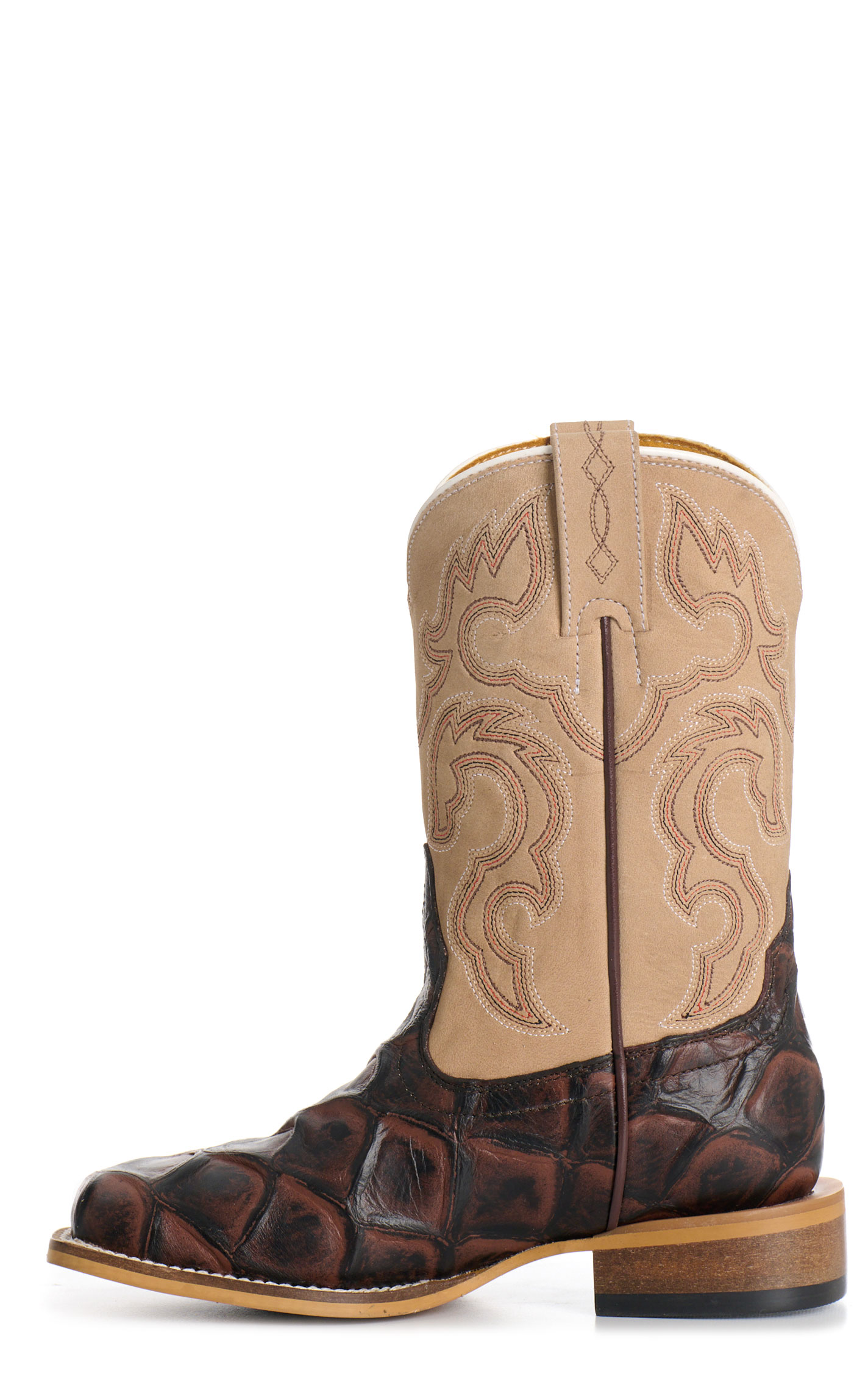 Cavender's Youth Tobacco & Tan Pirarucu Print Wide Square Toe Cowboy Boots - Image 1