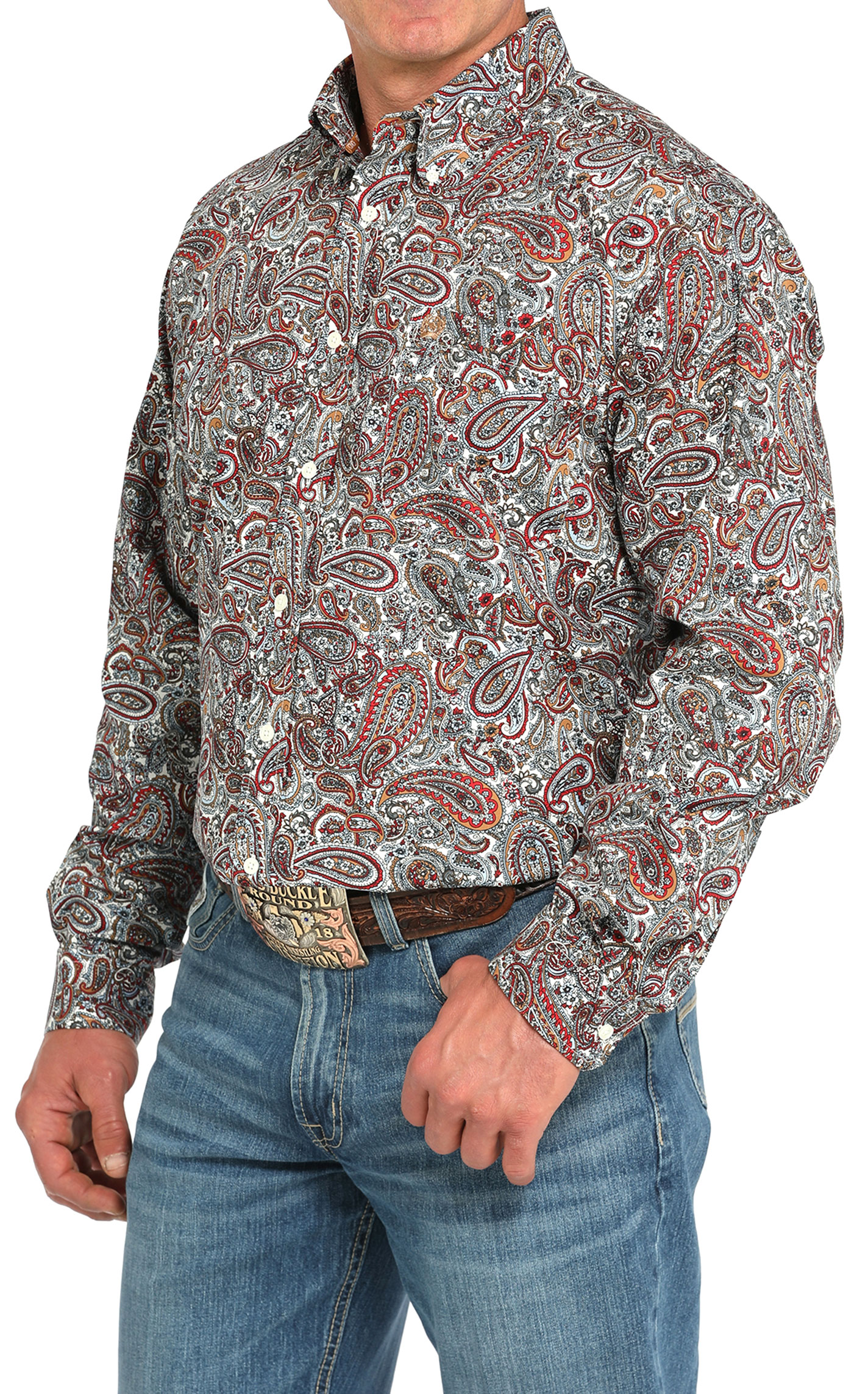 Cinch Men's Red & Off White Paisley Print Button Down Shirt - Image 1