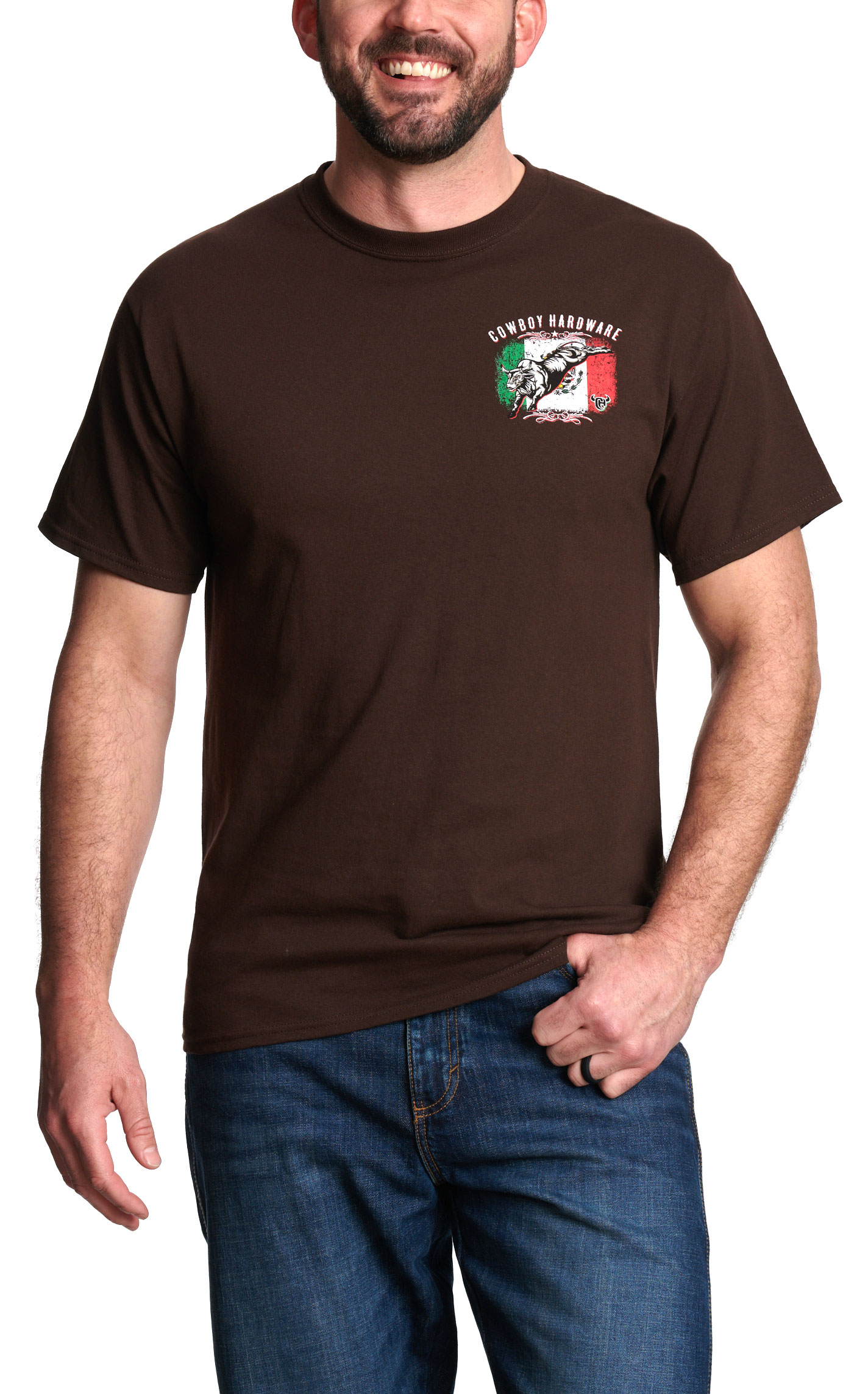 Cowboy Hardware Men's Chocolate Mexican Flag Logo Graphic T-Shirt - Image 1