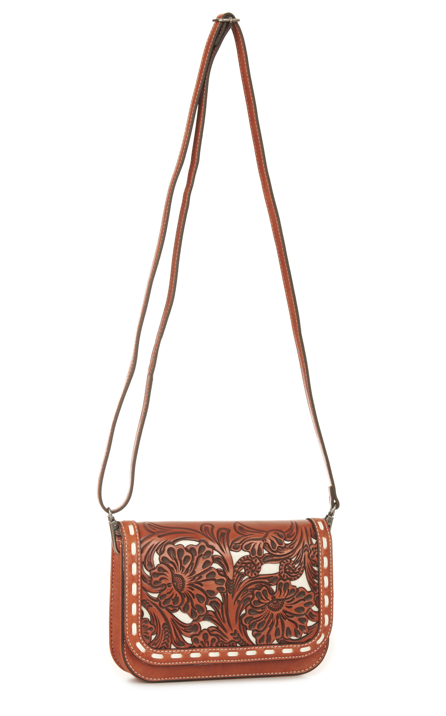 Nocona Ophelia Cinnamon Tooled & Cream Underlay Crossbody Bag - Image 1