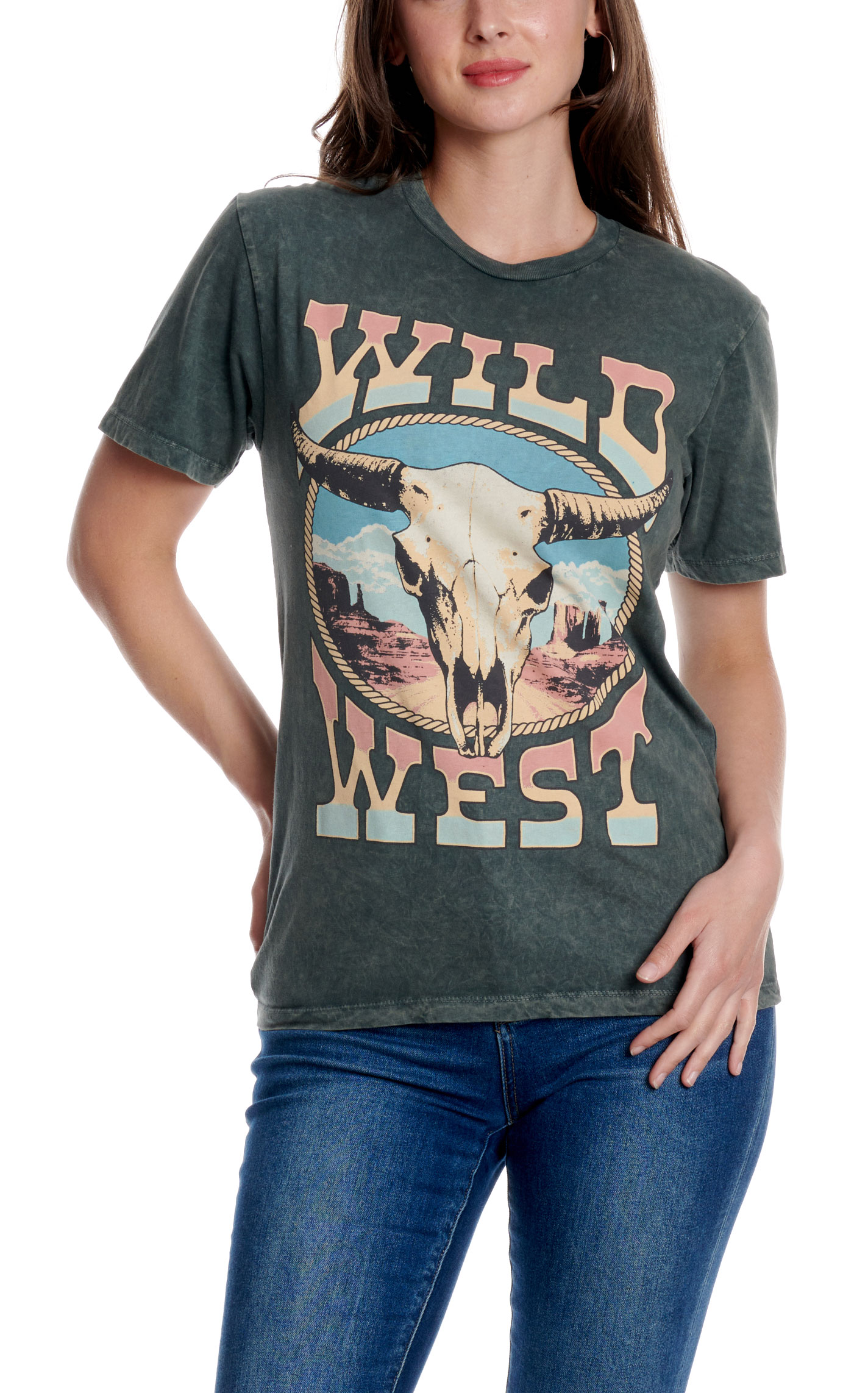Lotus Fashion Women's Stone Gray Wild West Cow Skull Graphic T-Shirt  - Image 1