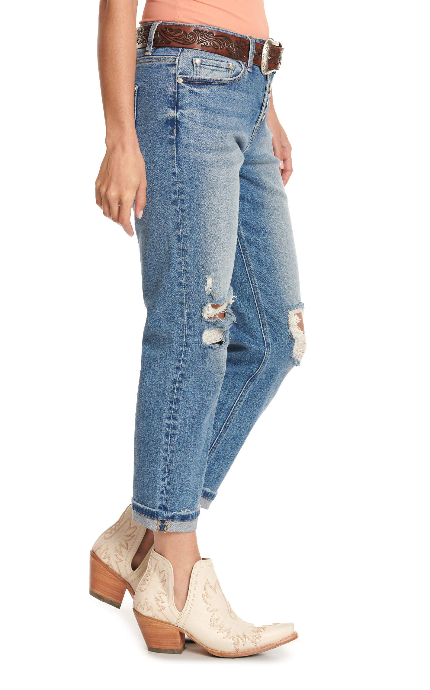 Rockin C Medium Wash Button Fly Distressed Boyfriend Cropped Jeans - Image 1