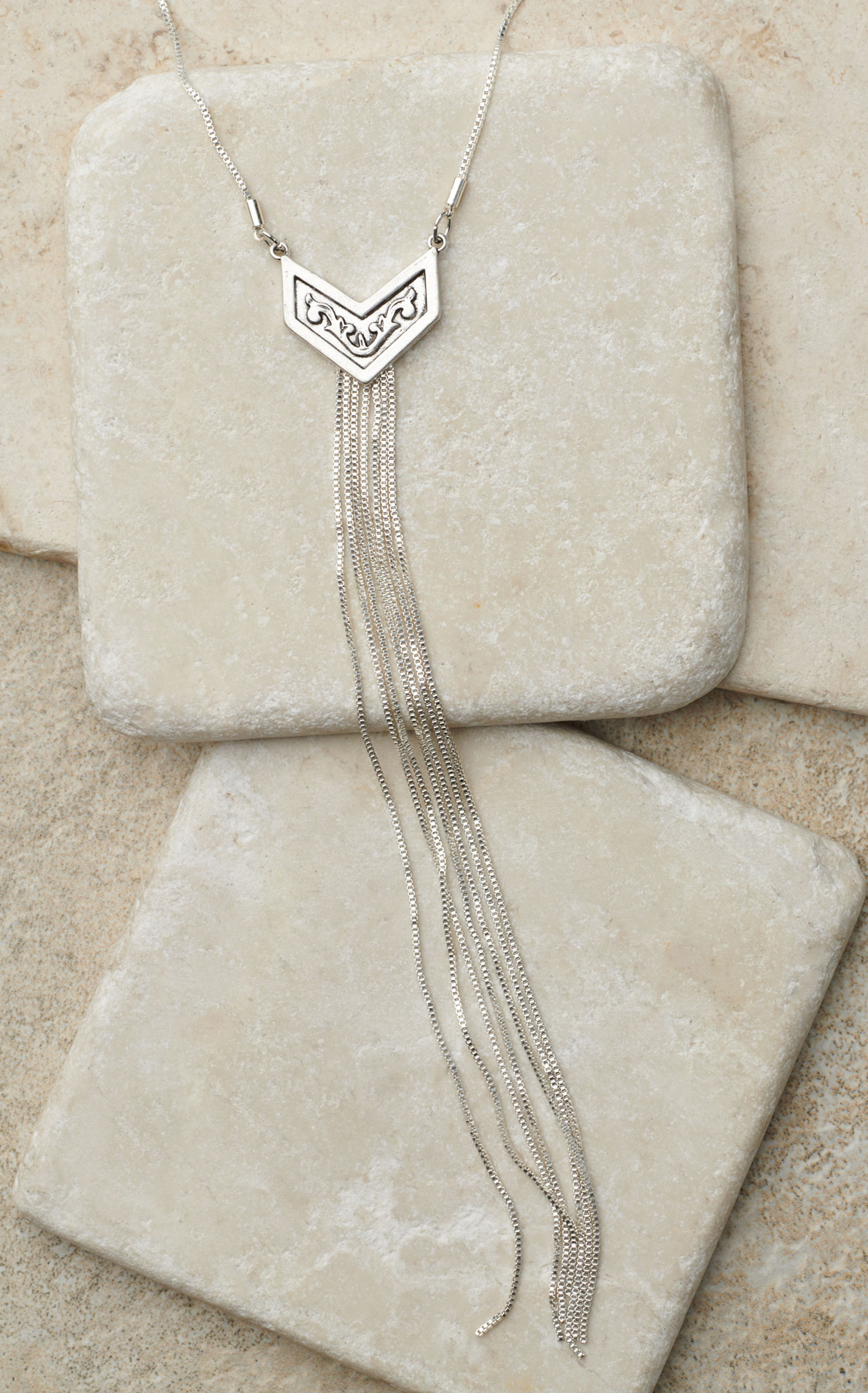 Cowgirl Confetti Silver Etched V Pendant & Long Tassel Necklace - Image 1