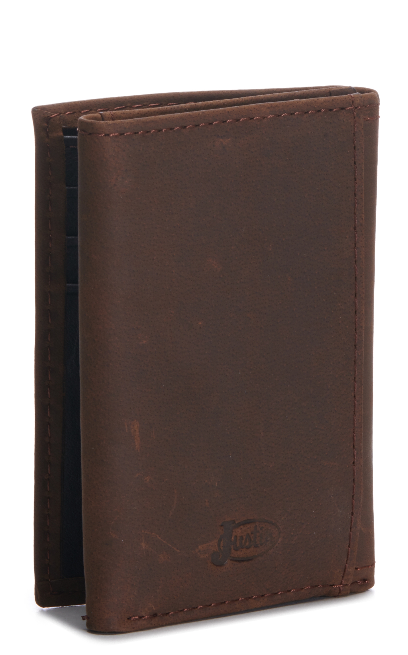 Justin Brown Basketweave and Hair on Hide with Praying Cowboy Concho Trifold Wallet - Image 1