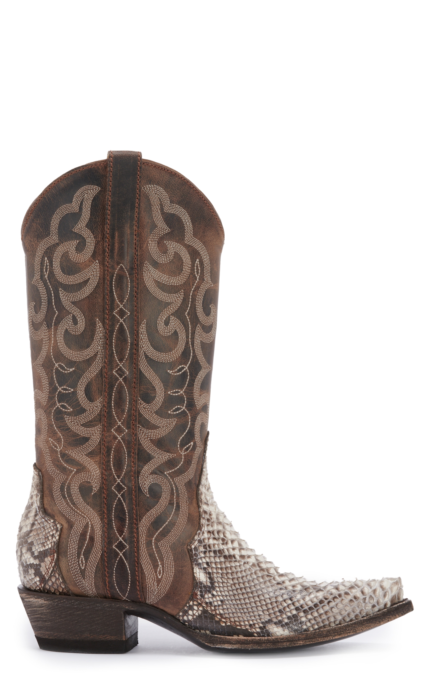 Cavender’s Women’s Natural Python and Bone Mad Dog Leather Exotic Snip Toe Cowboy Boots - Image 1
