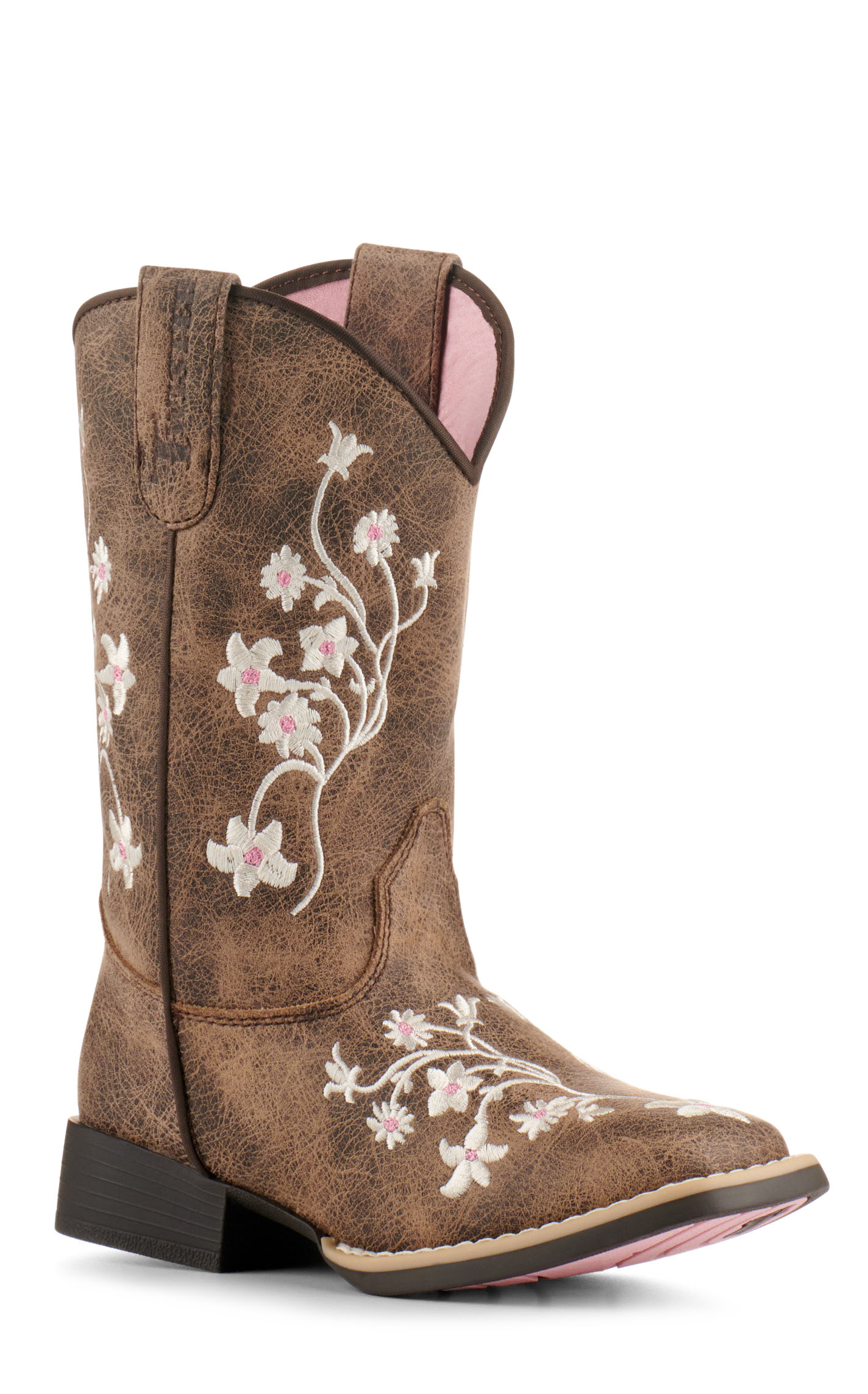 Twister Girls' Lily Brown with White Floral Embroidery Square Toe Cowboy Boots - Image 1