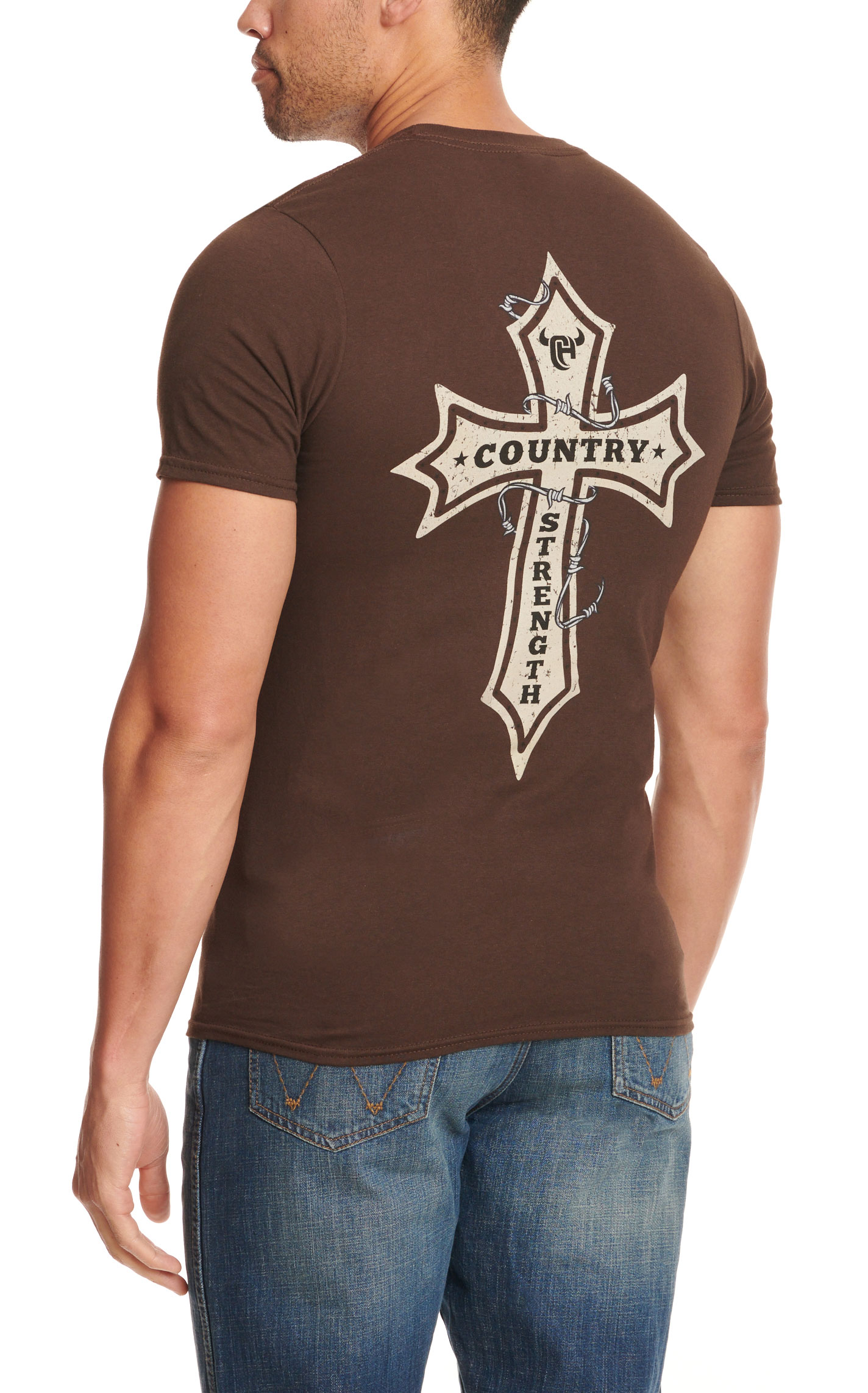 Cowboy Hardware Men's Chocolate Country Strength Cross Logo Graphic Short Sleeve T-Shirt - Image 1