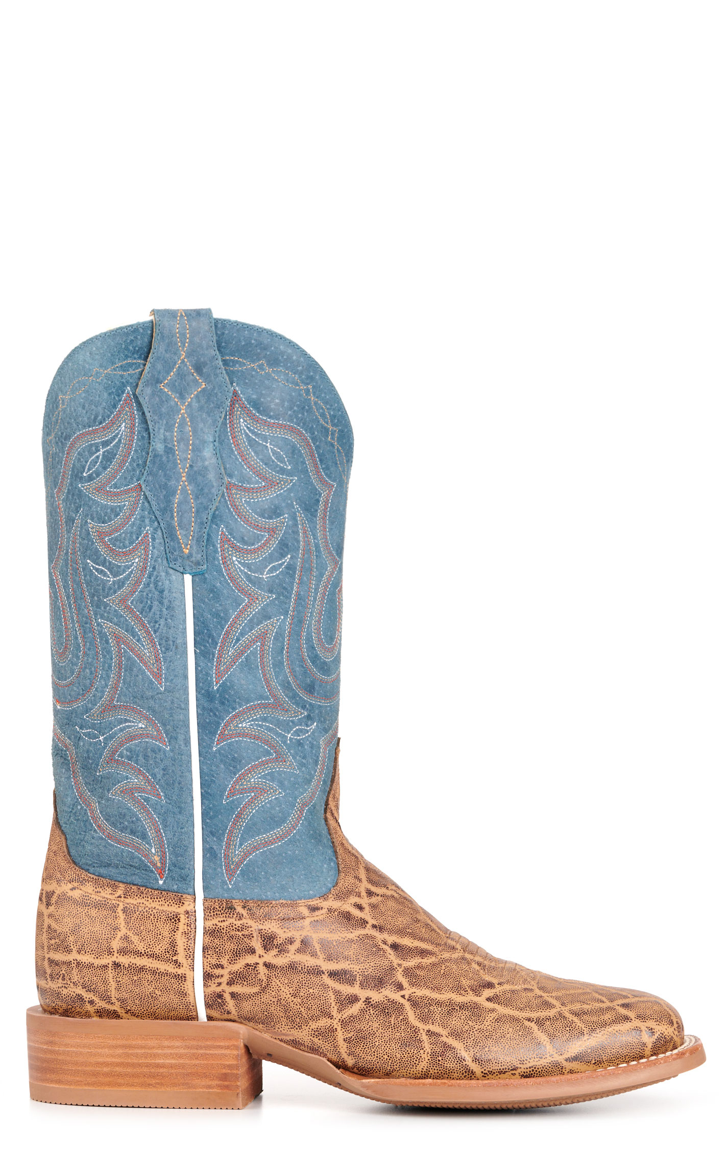 Cavender's Men's Intrepid Tan Elephant Print and Blue Wide Square Toe Cowboy Boots - Image 1