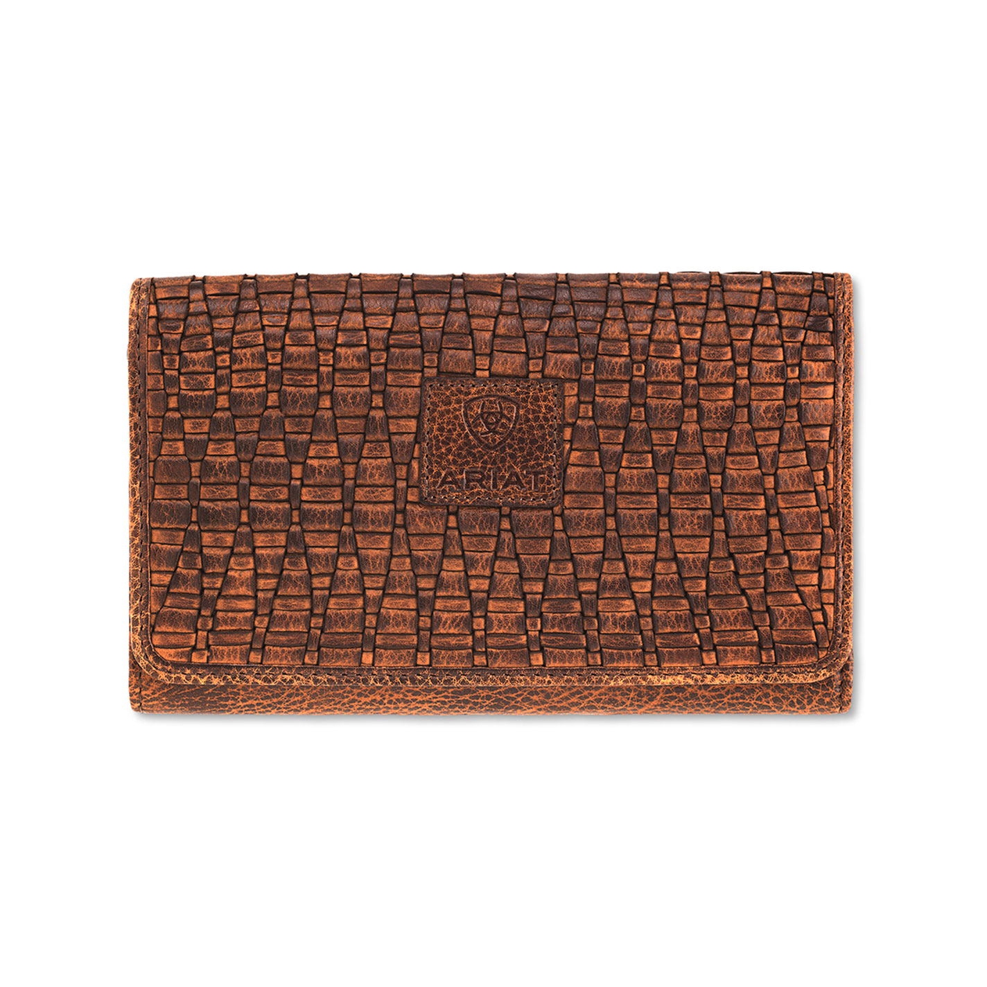 Ariat Coffee Basketweave Leather Tri-Fold Wallet - Image 1