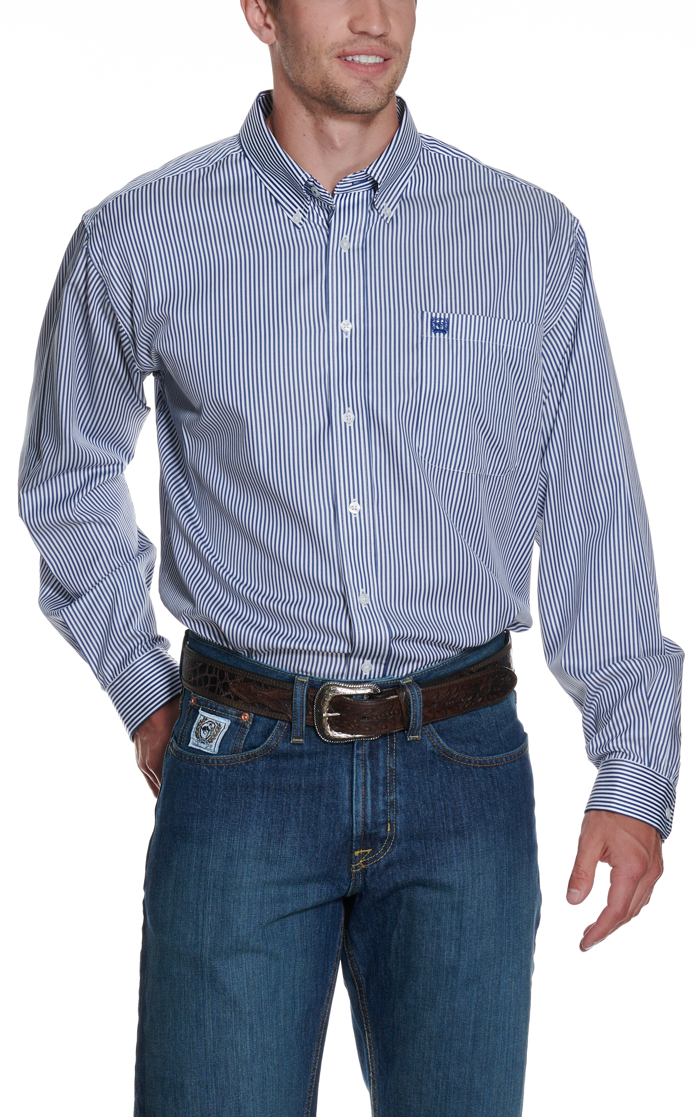 Cinch Men's White & Royal Blue TENCEL™ Striped Print Western Shirt - Image 1