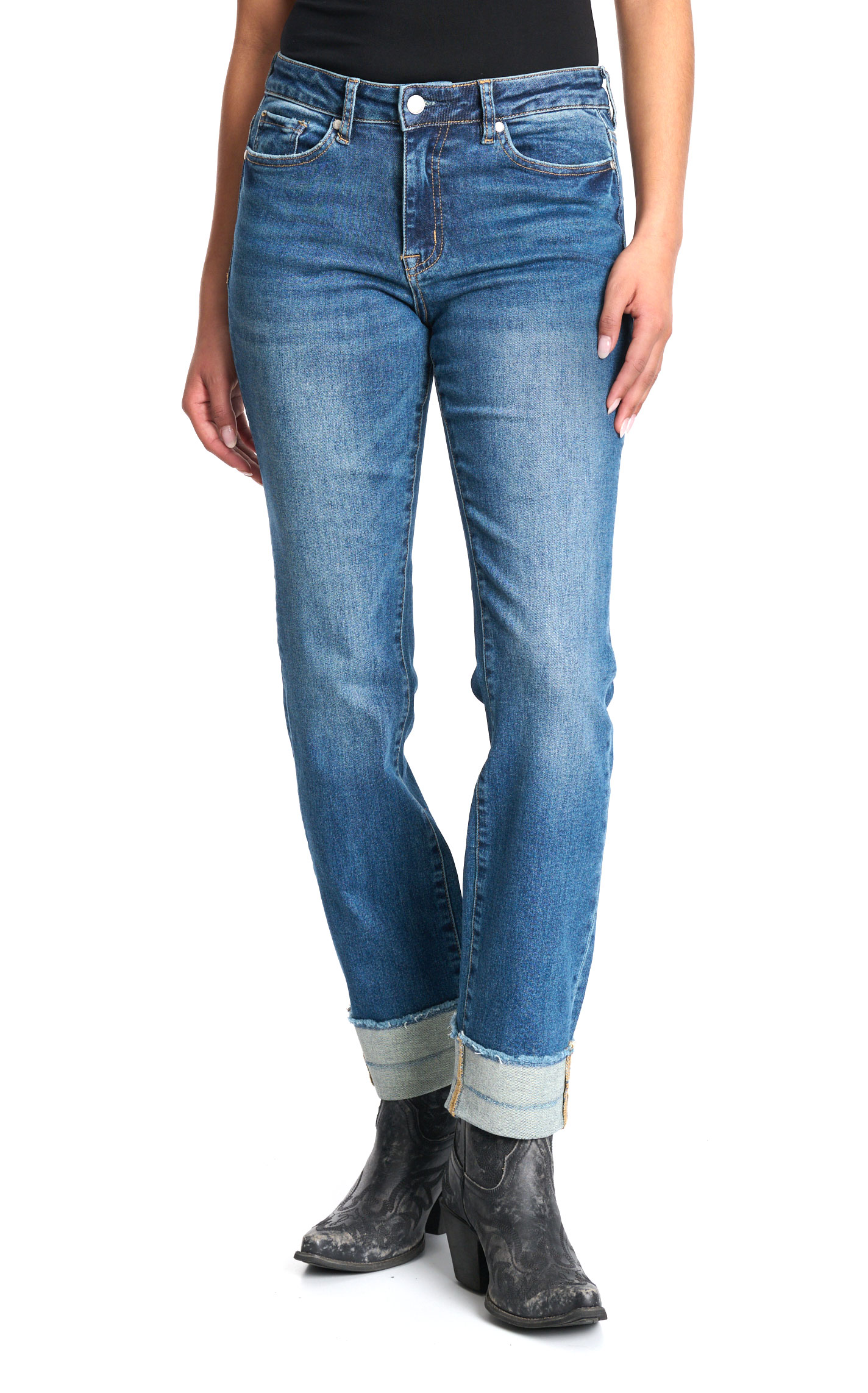 Rockin C Women's Medium Wash Mid Rise Cuffed Leg Jeans - Image 1