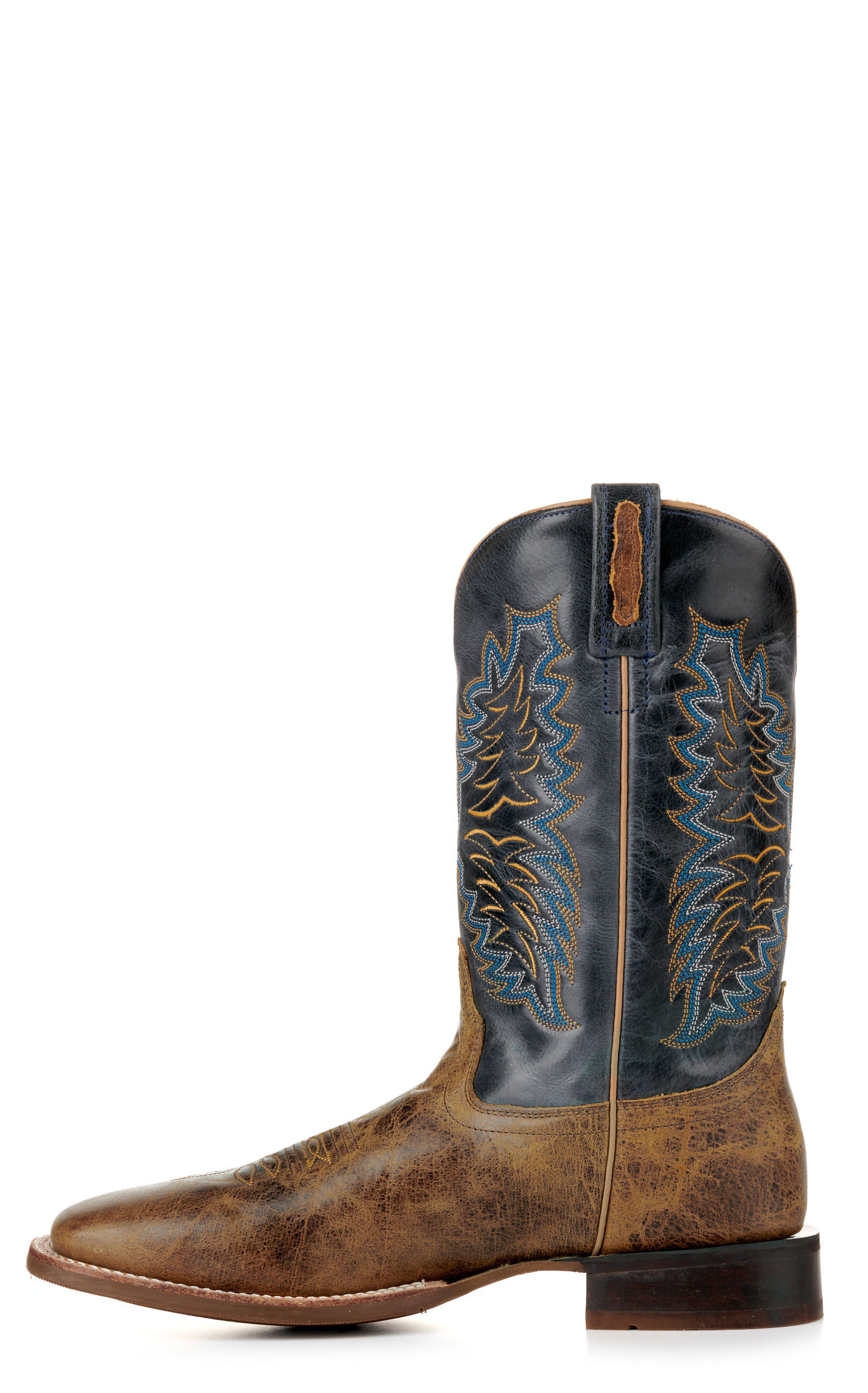 Old West Men's Burnt Brown and Navy Wide Square Toe Cowboy Boots - Image 1