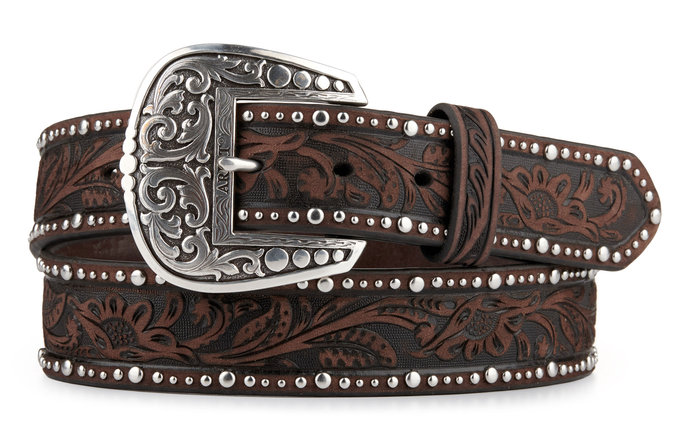 Ariat Women's Dark Brown with Floral Tooling and Studs Trim Belt - Image 1