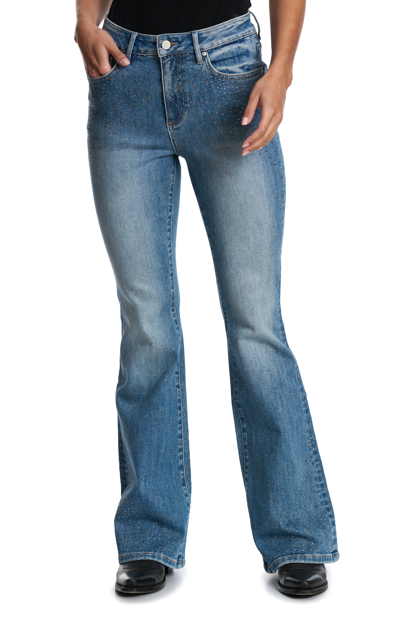 Mica Women's Light Wash Crystal Studded Flare Leg Jeans - Image 1