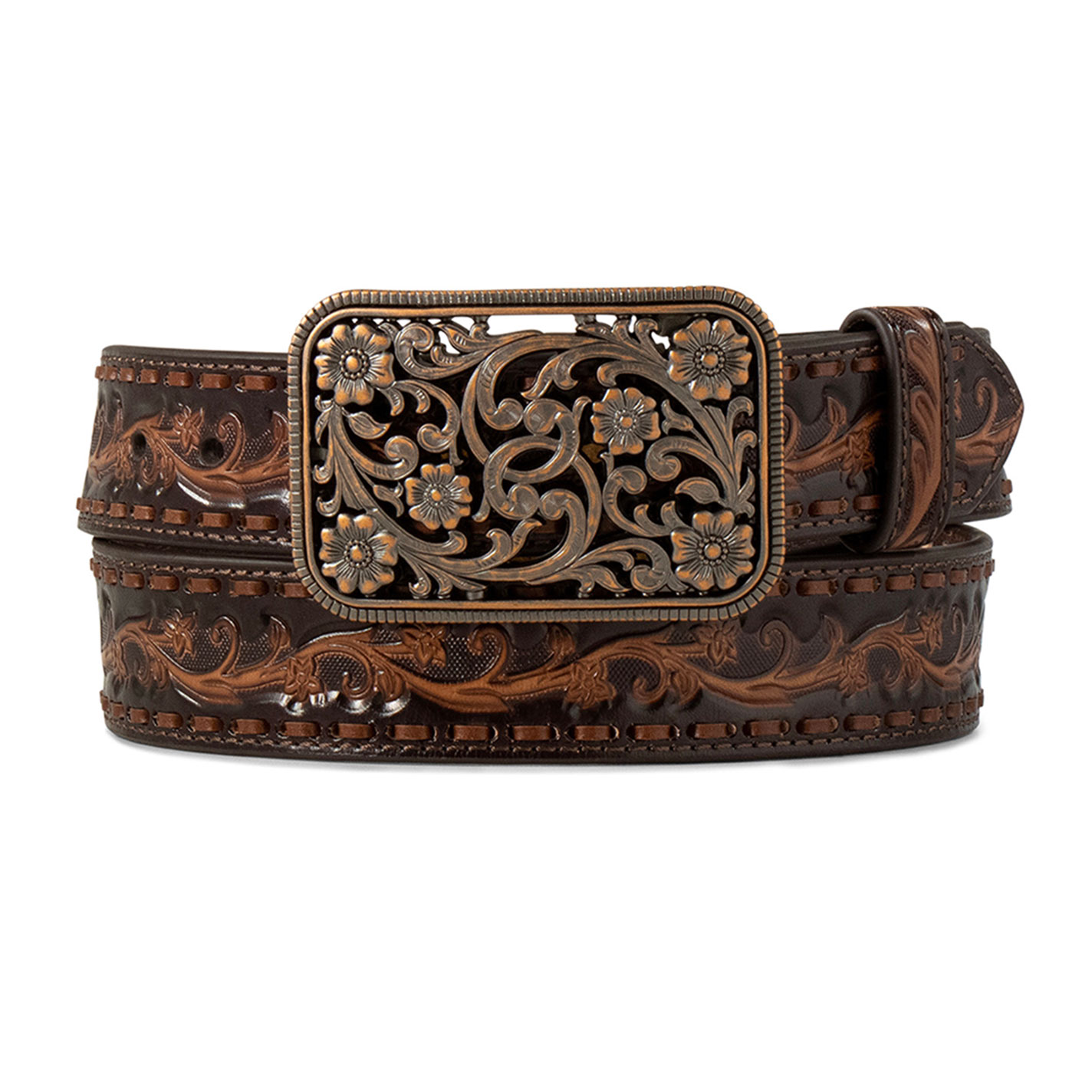 Ariat Ladies’ Copper Leather and Floral Buckle Belt - Image 1