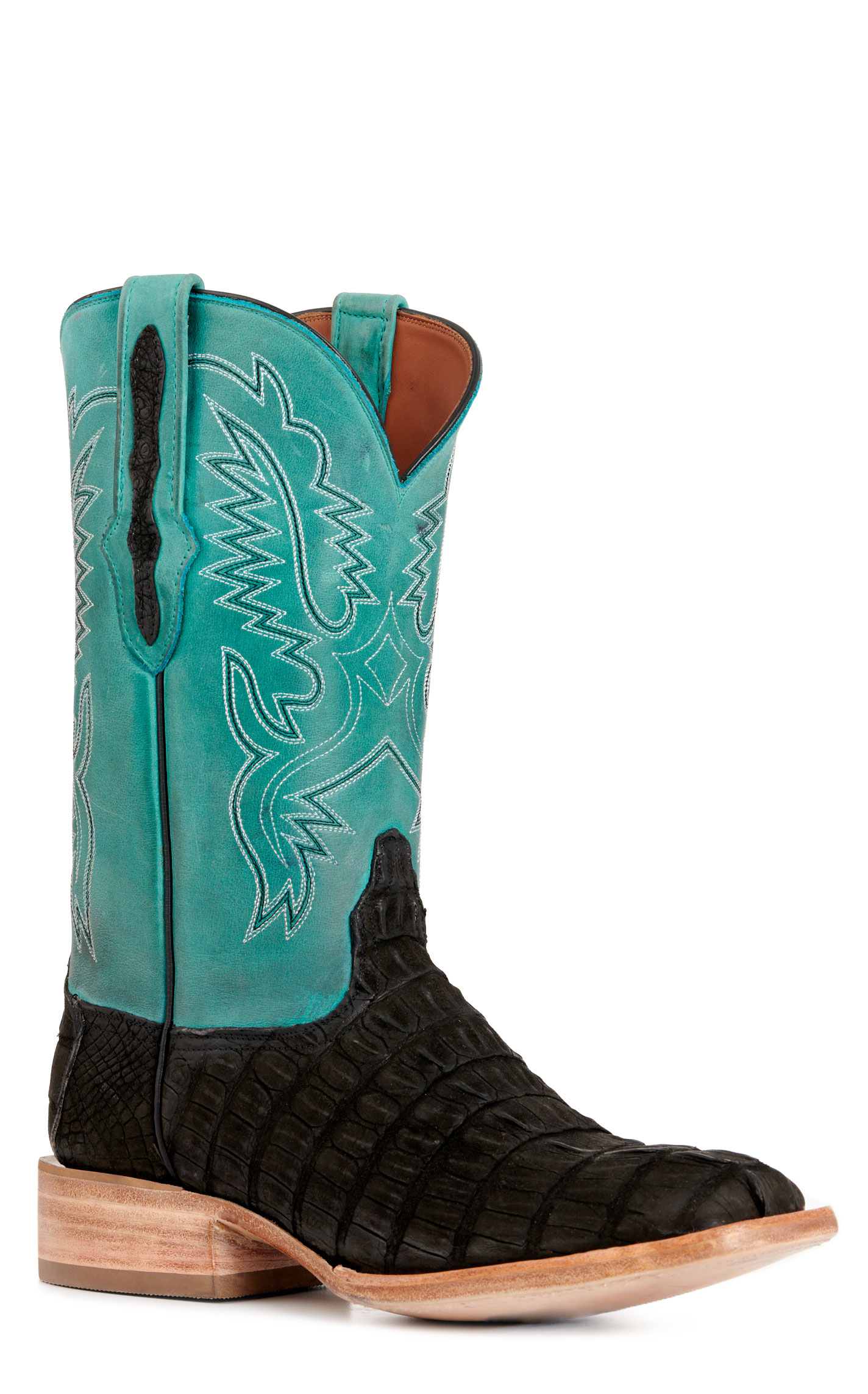 Black Jack Men's Black Sueded Caiman Tail and Seafoam Green Wide Square Toe Exotic Cowboy Boots - Image 1