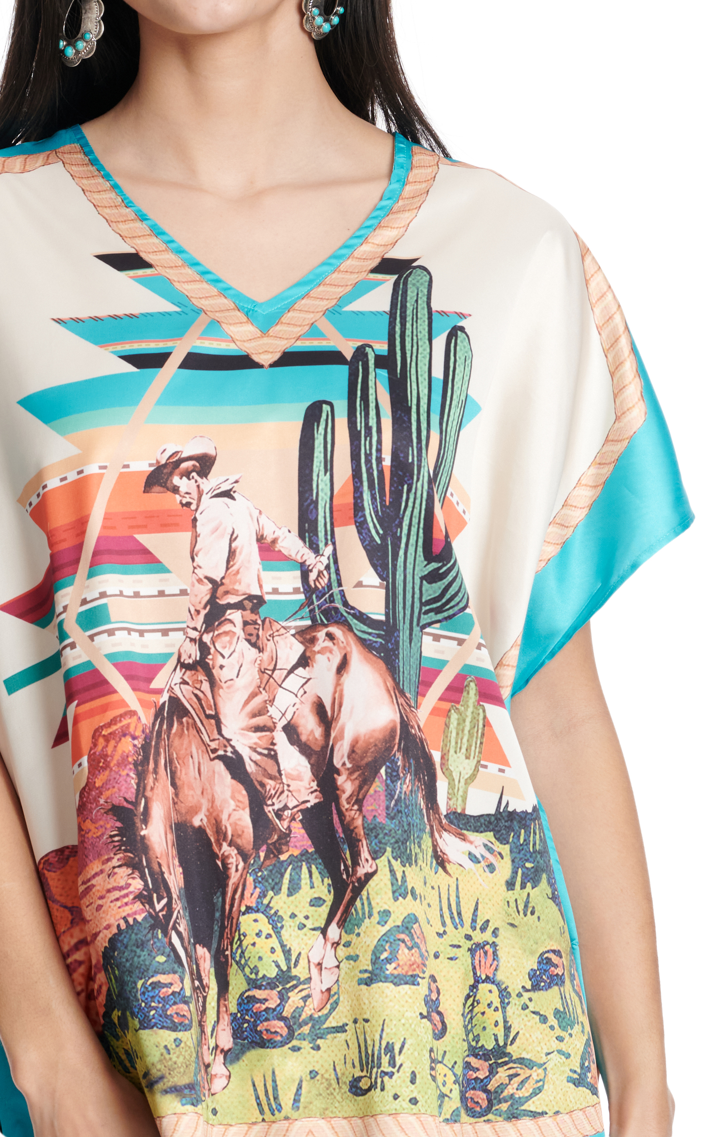 Fashion Express Women's Turquoise & Sand Retro Western Print Poncho - Image 2