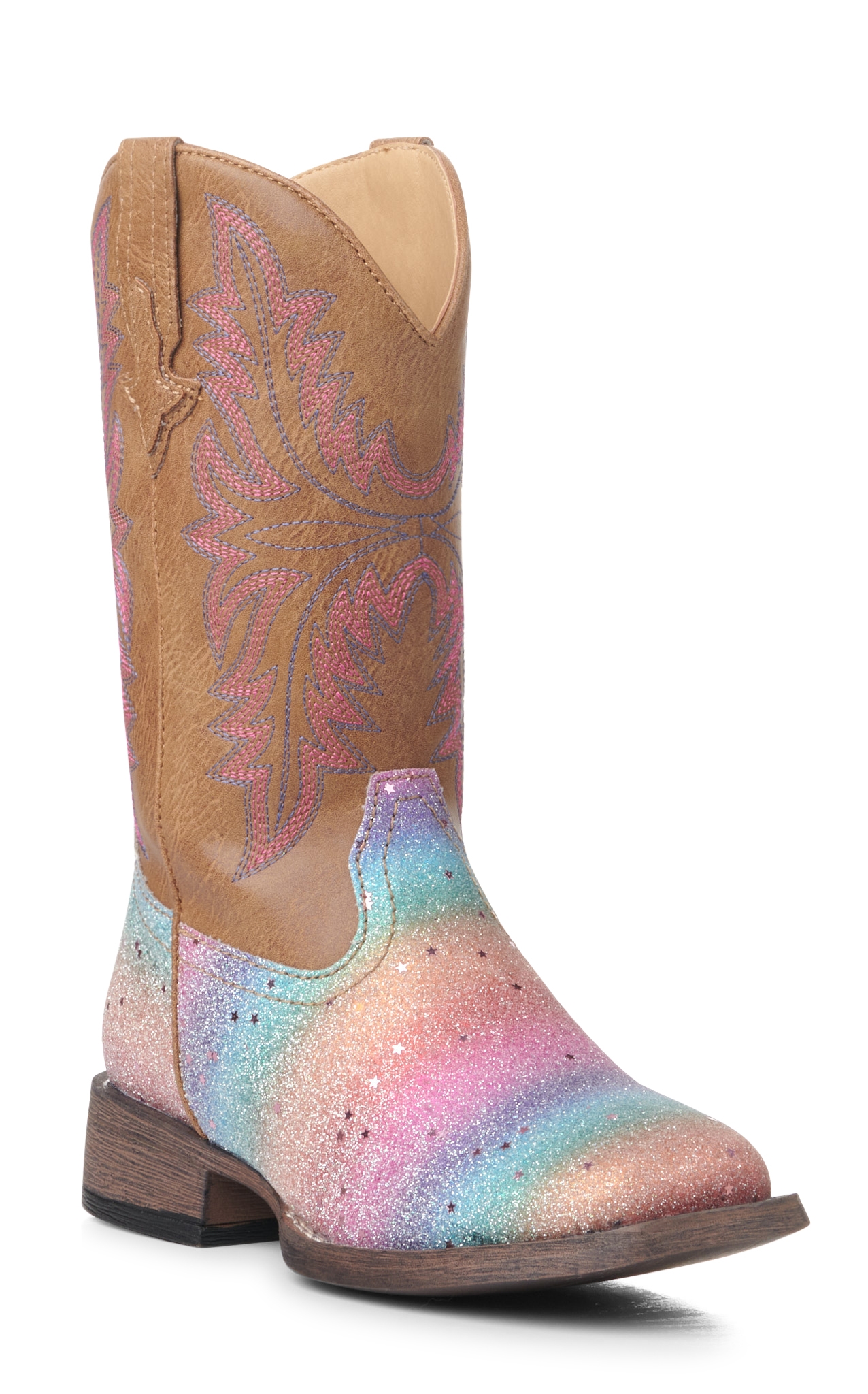 Roper Girls' Tan and Rainbow Glitter Square Toe Cowboy Boots - Image 1