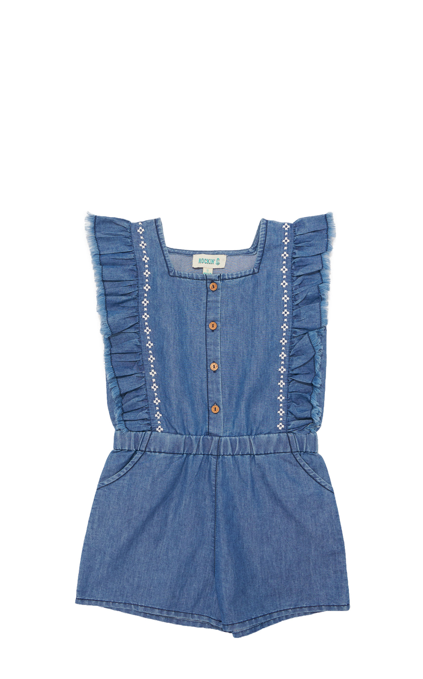 Rockin' C Girl's Medium Wash Aztec Embroidered Denim Romper - Image 1