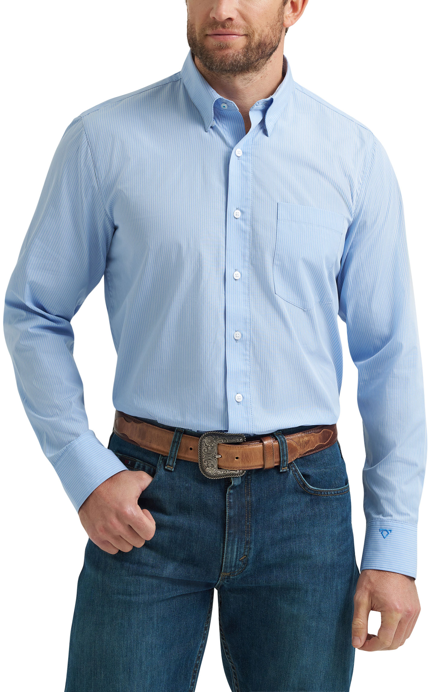 Wrangler Cody Johnson Men's Light Blue Stripe Western Shirt - Image 1