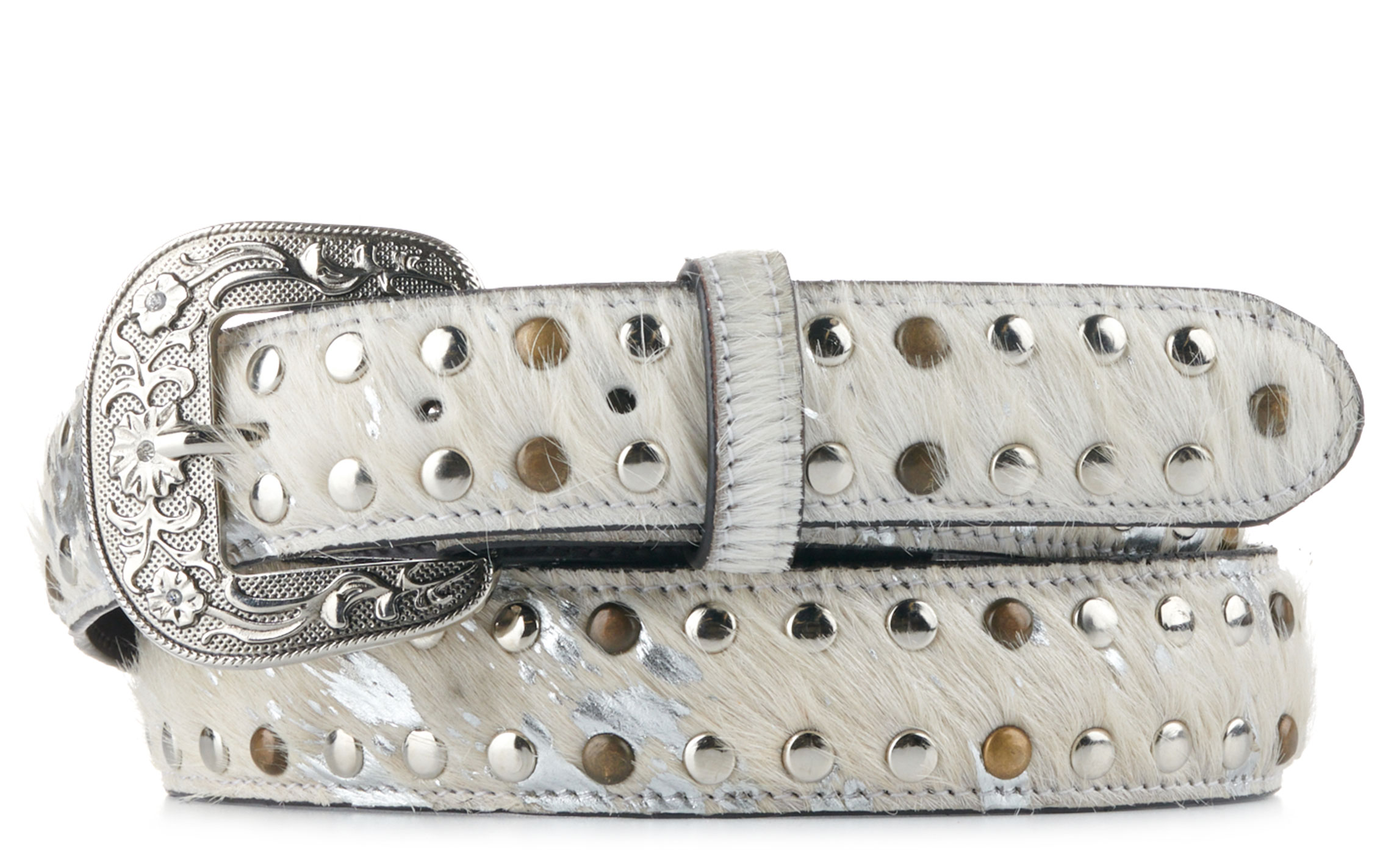 Cavender's Women's White & Silver & Studs Pony Hair Belt - Image 1