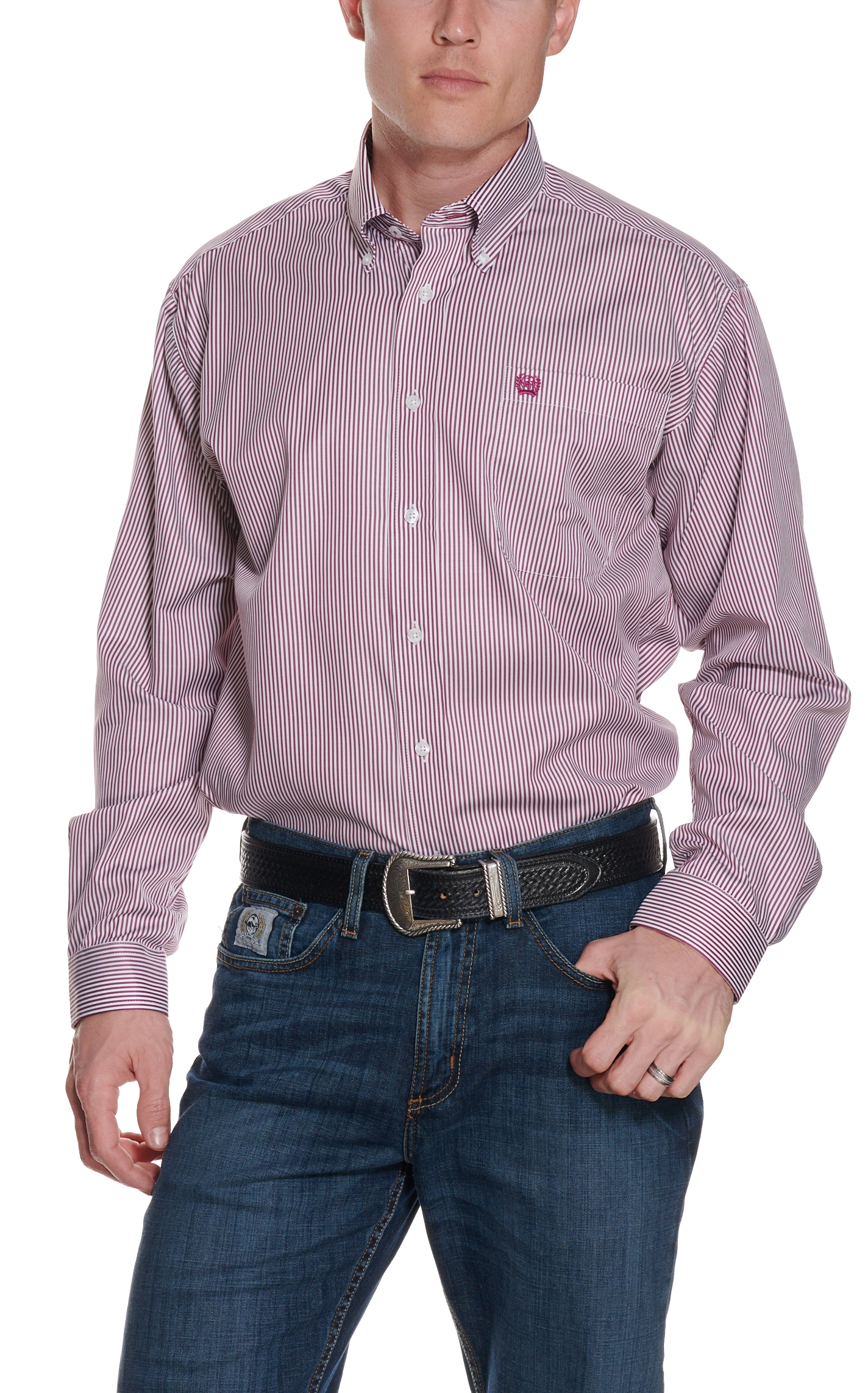 Cinch Men's White & Burgundy TENCEL™ Striped Print Western Shirt - Image 1
