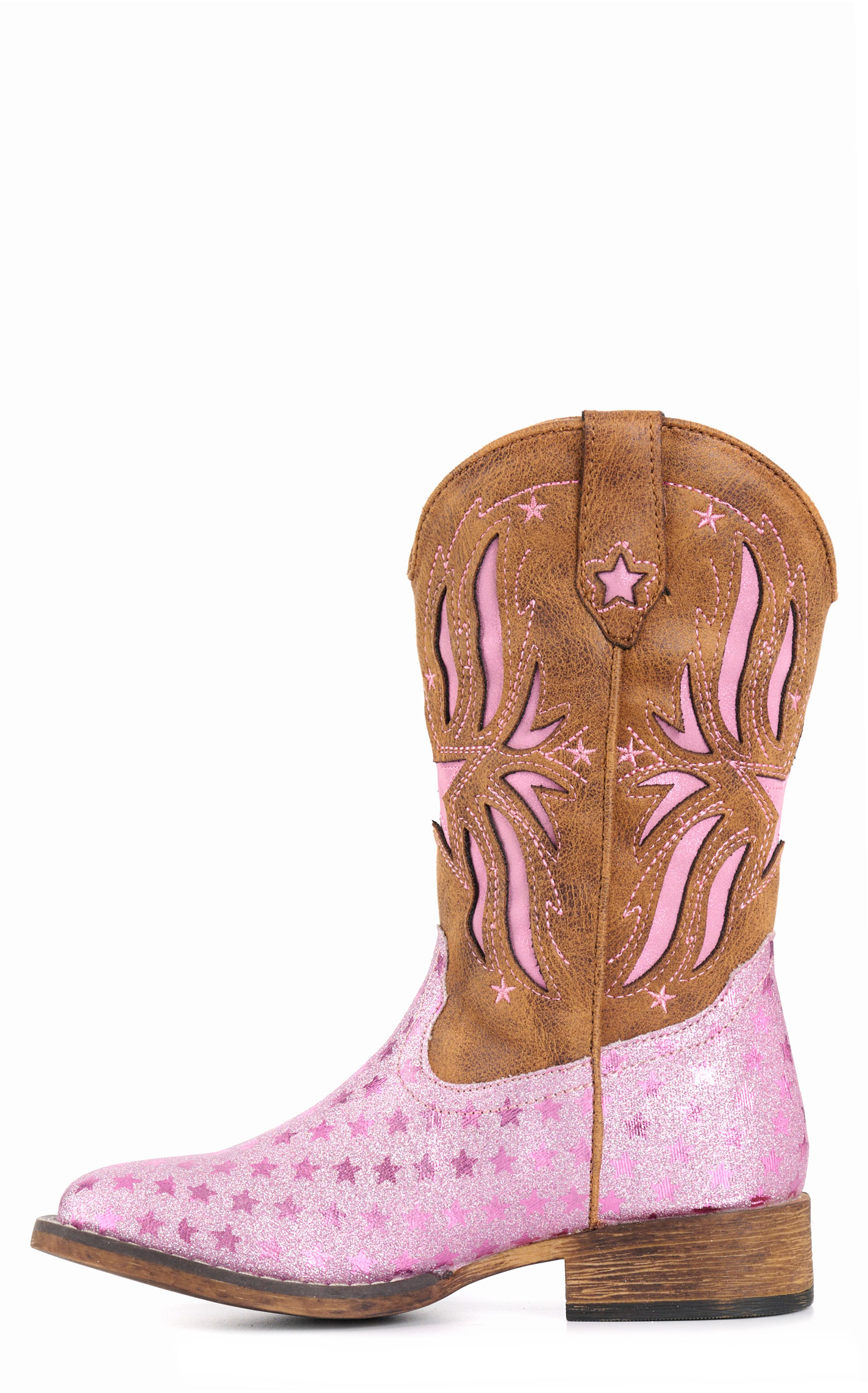 Roper Girls' Pink Glitter and Brown Starlet Leather Tall Square Toe Cowboy Boots - Image 1