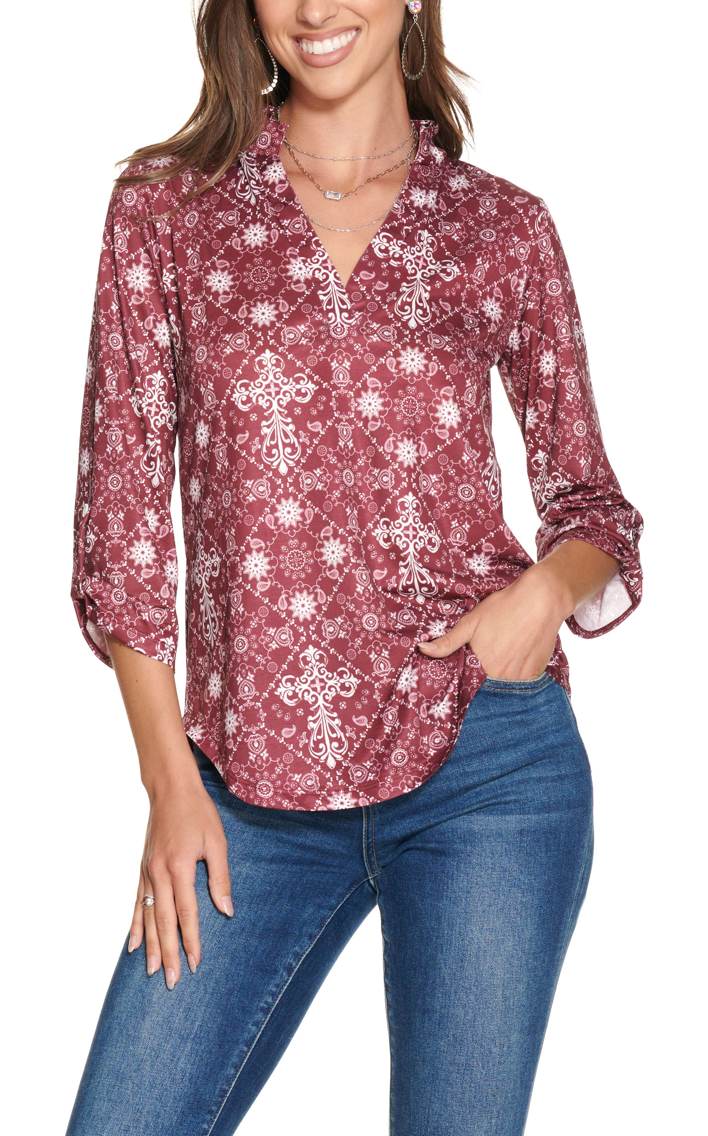 Cowgirl Hardware Women's Burgundy with White Bandana Cross Print 3/4 Tabbed Sleeve Top - Image 1
