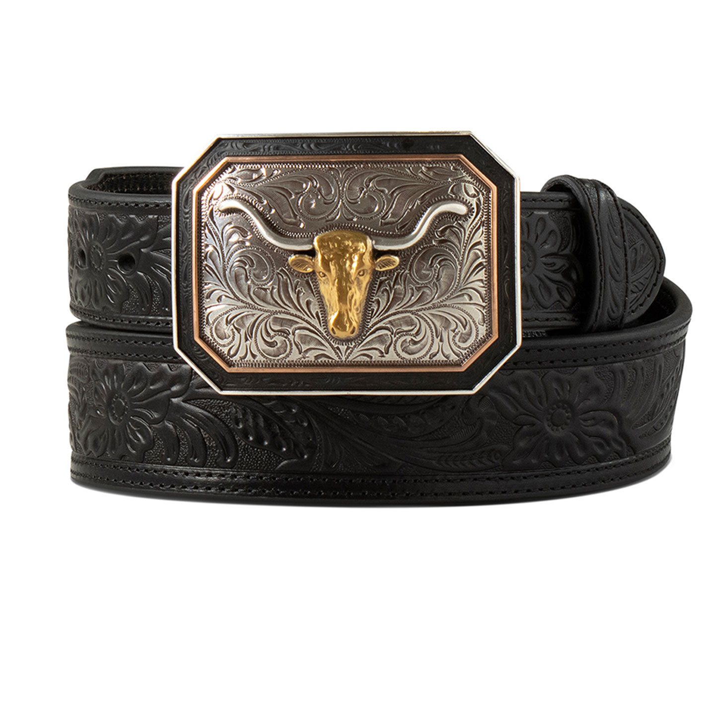 Ariat Men’s Black Leather Floral & Longhorn Belt  - Image 1