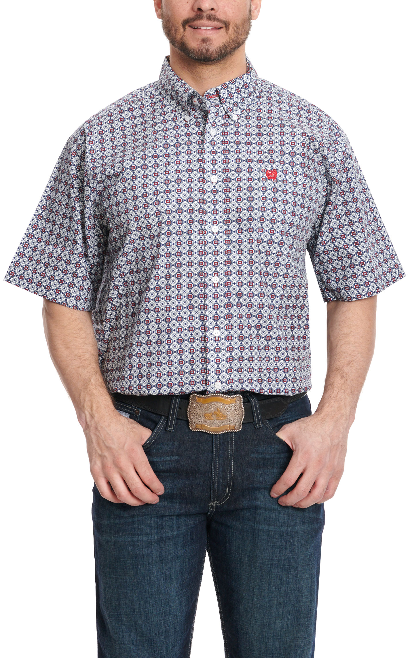 Cinch Men's White Navy & Red Geo Print Short Sleeve Western Shirt - Image 1