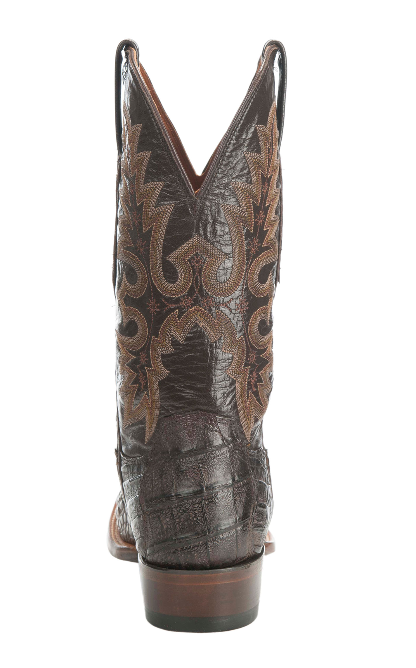 Lucchese Men's Barrel Brown Burnish and Chocolate Hornback Caiman Wide Square Toe Exotic Cowboy Boots - Image 1