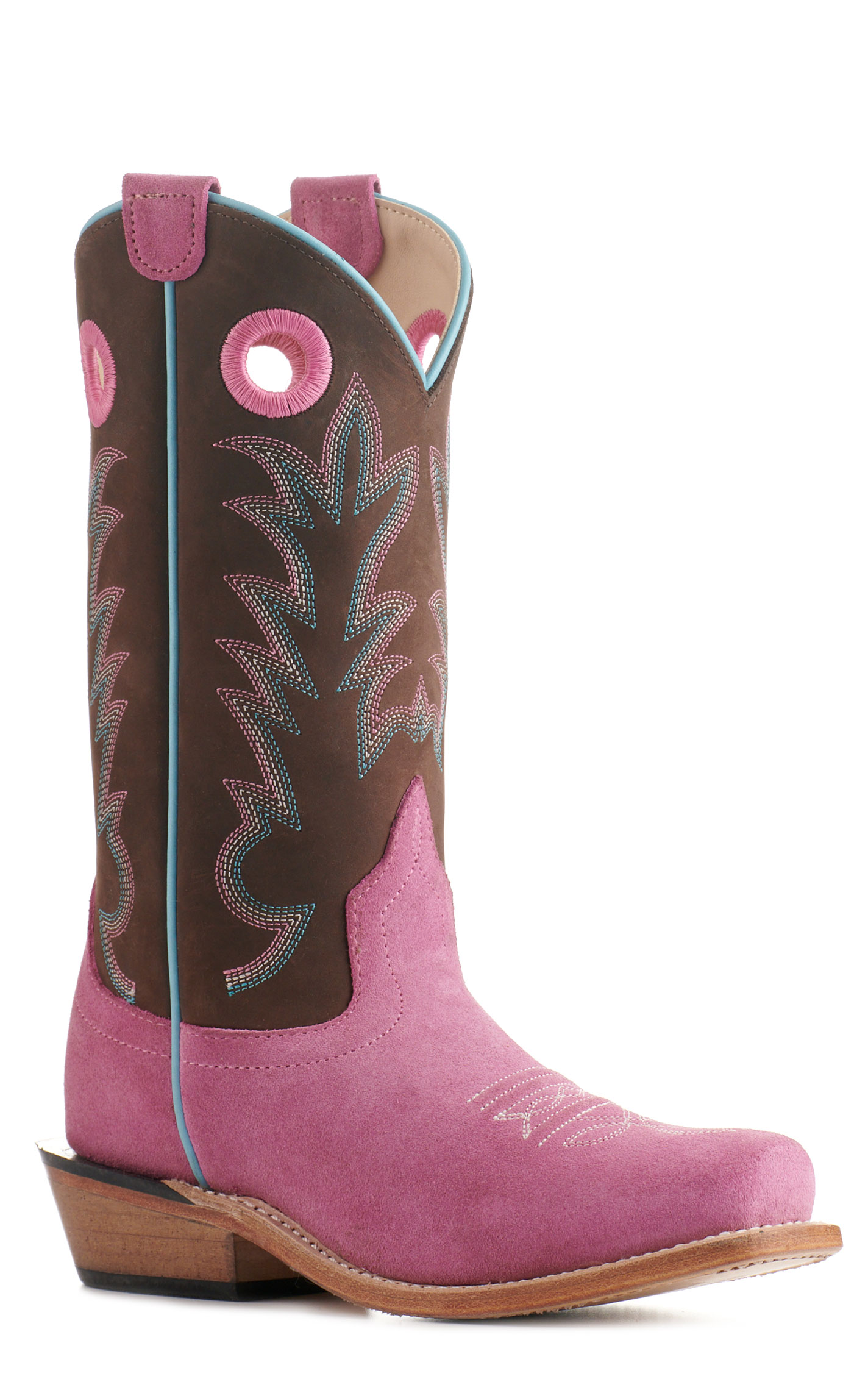 Old West Kids Pink Suede and Brown Punchy Square Toe Cowboy Boots - Image 1