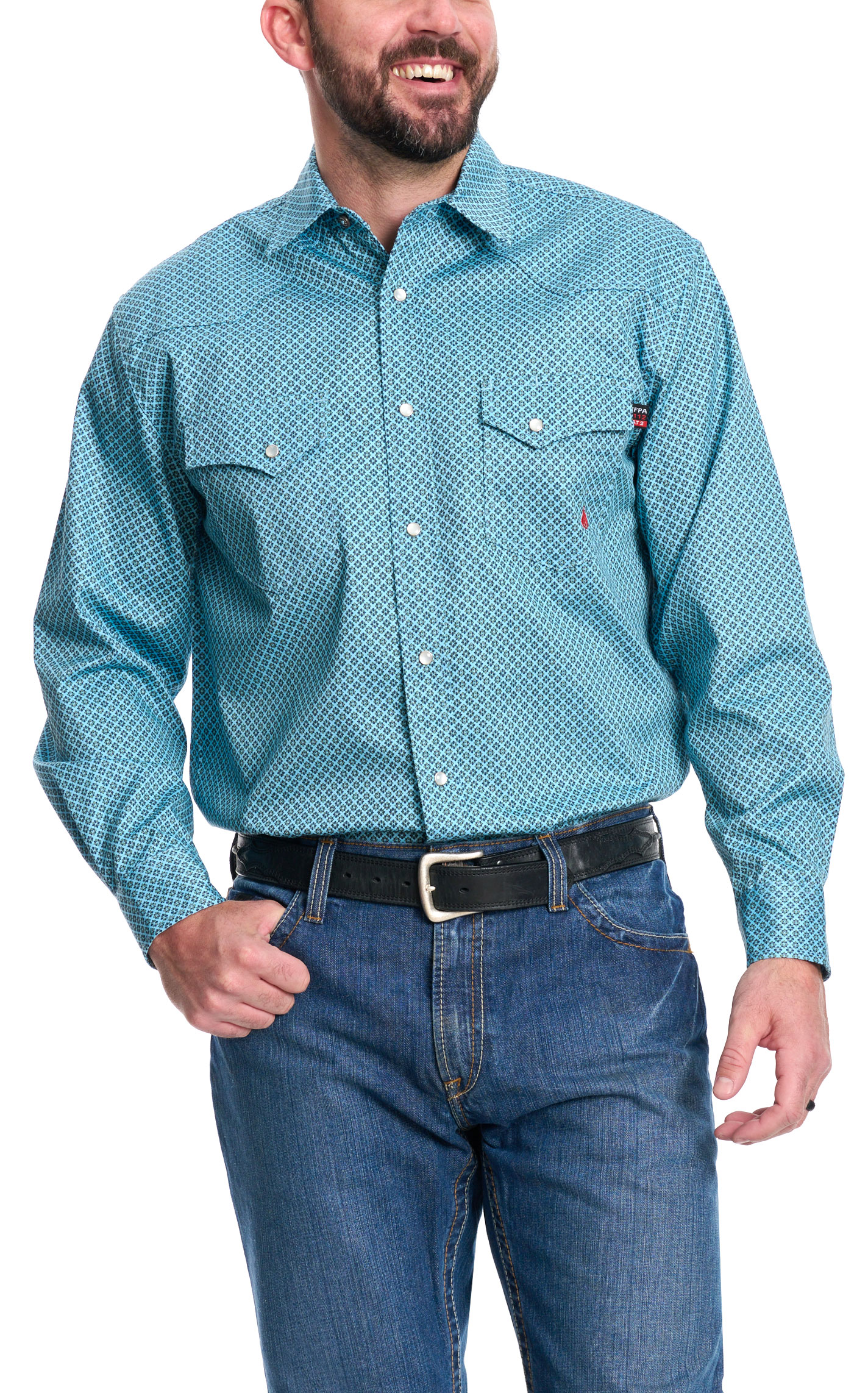 Forge Men's Turquoise Geo Print FR Work Shirt - Image 1