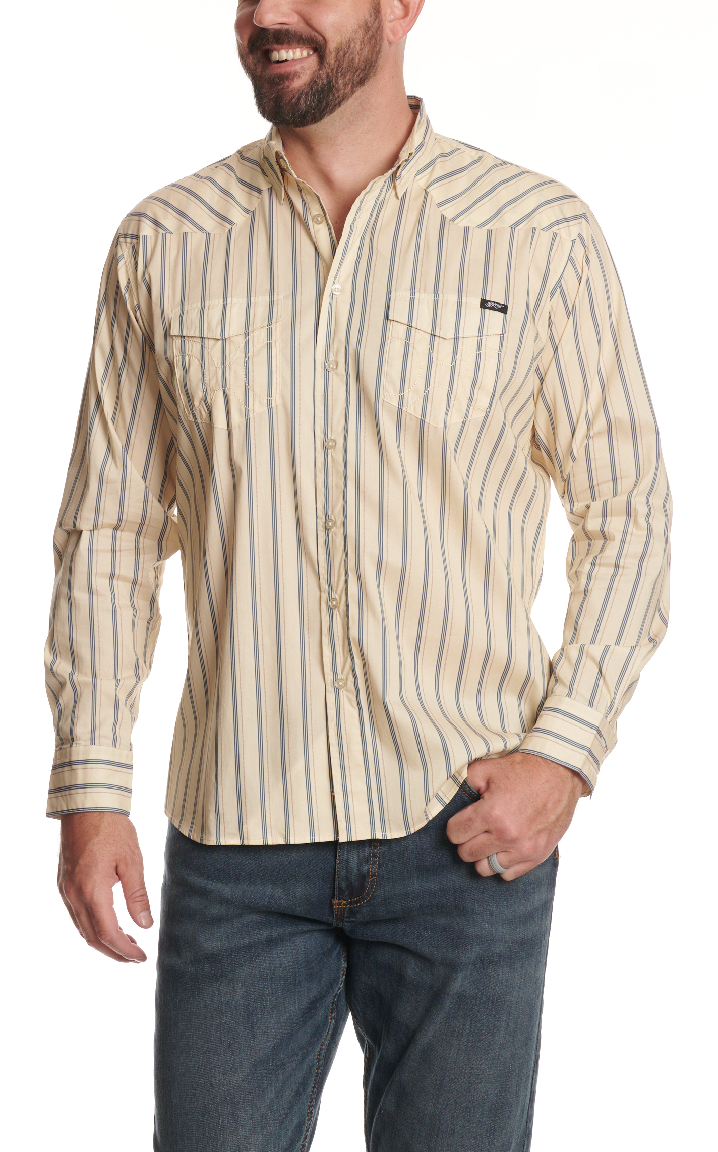 Hooey Men's Buttercream & Navy Pinstripe Print Western Shirt - Image 1